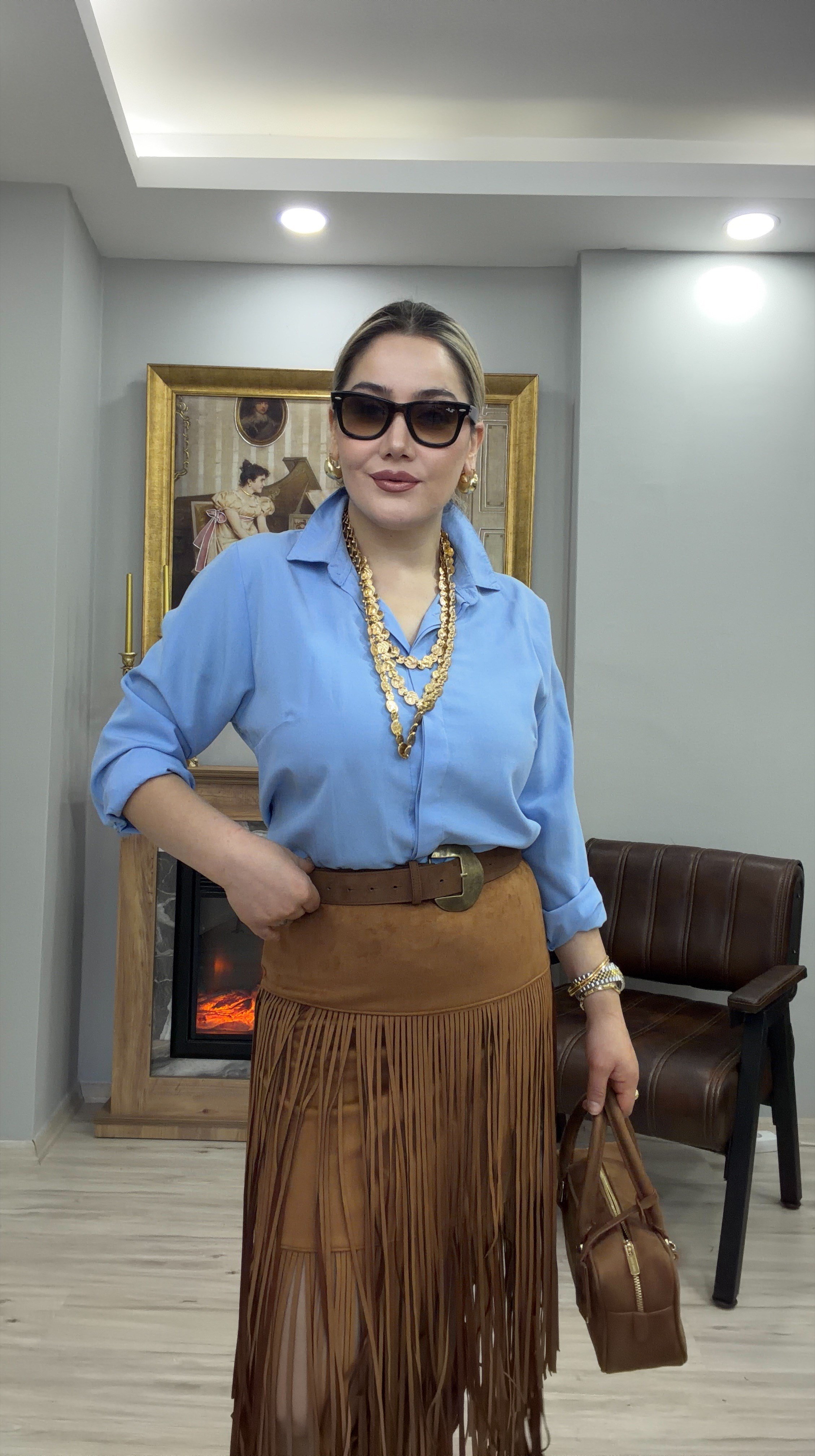 PÜSKÜL DETALI SÜET MİDİ BOY ETEK TABA