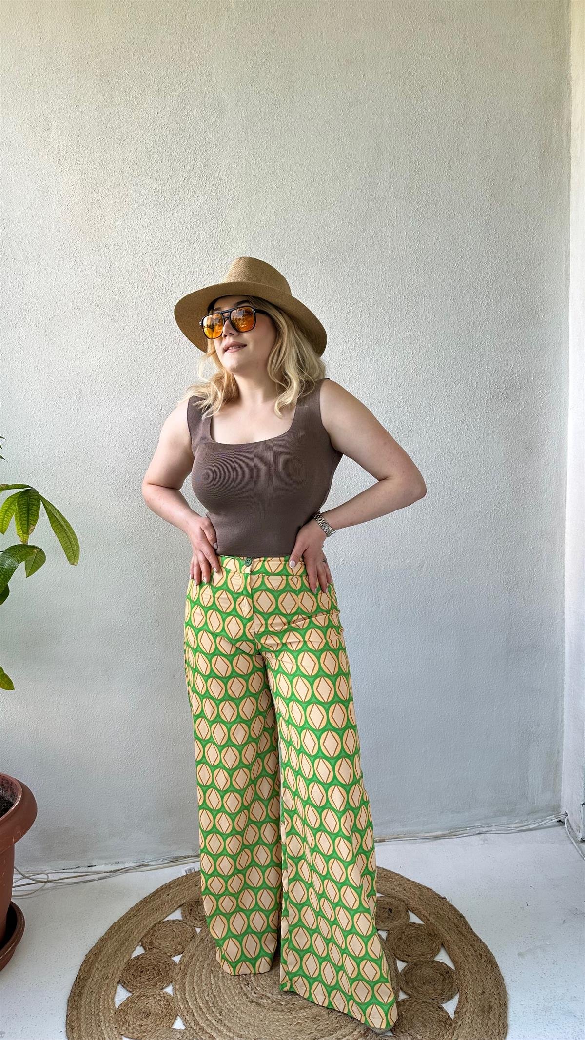 Retro İspanyol Paça Desenli Pantolon