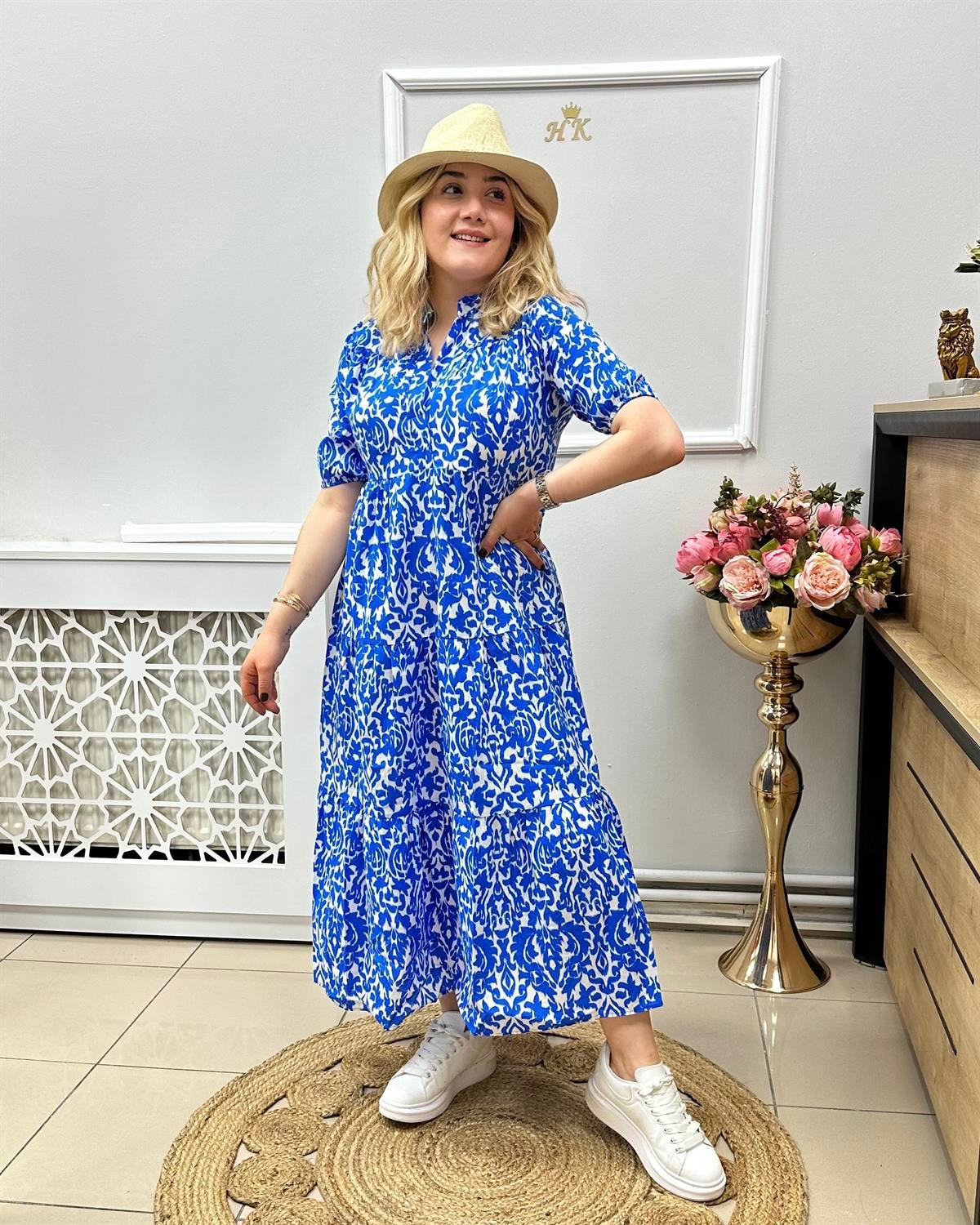 Saks Desenli Midi Elbise