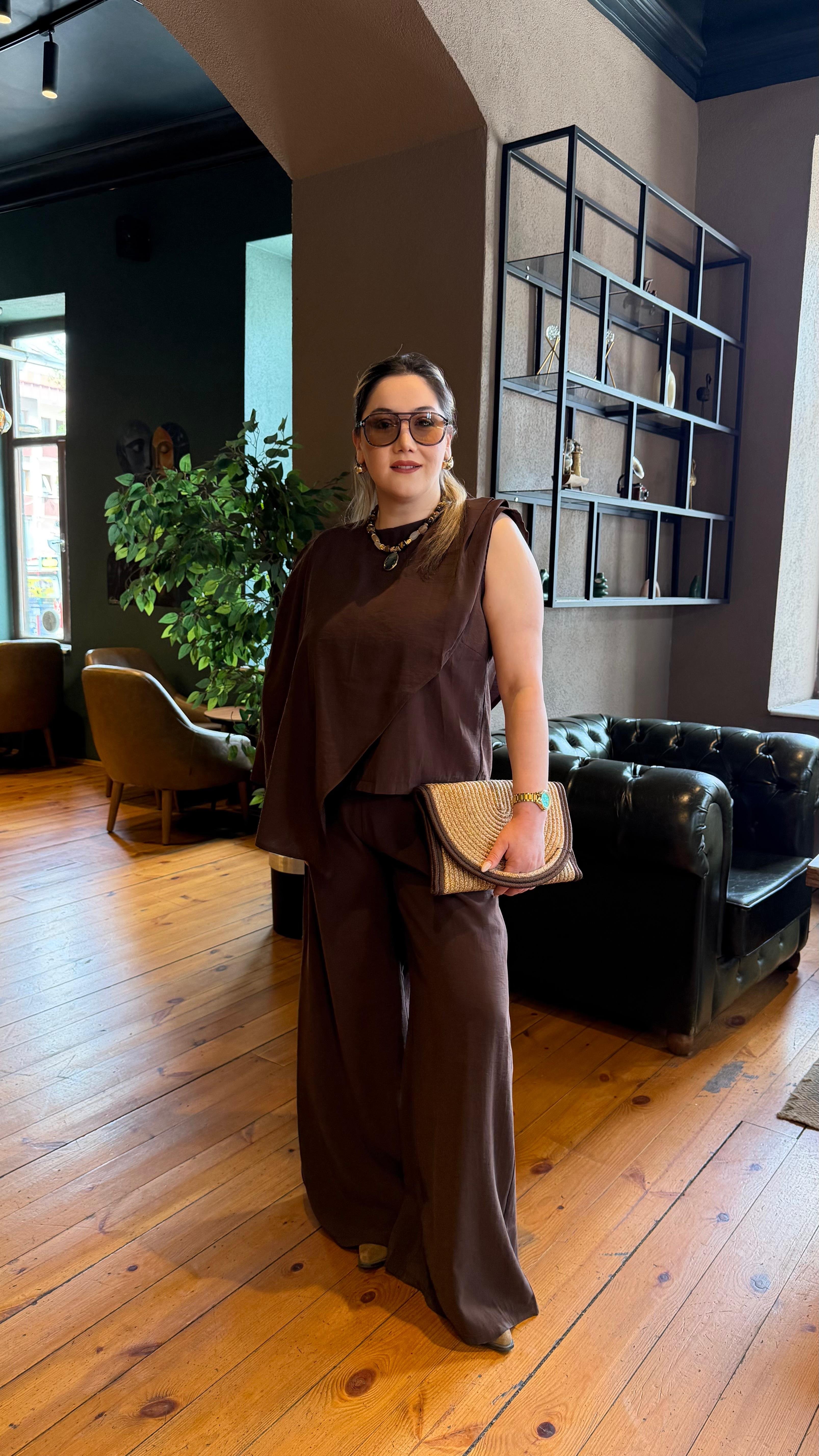 ŞAL DETAYLI TENSEL TAKIM KAHVE 