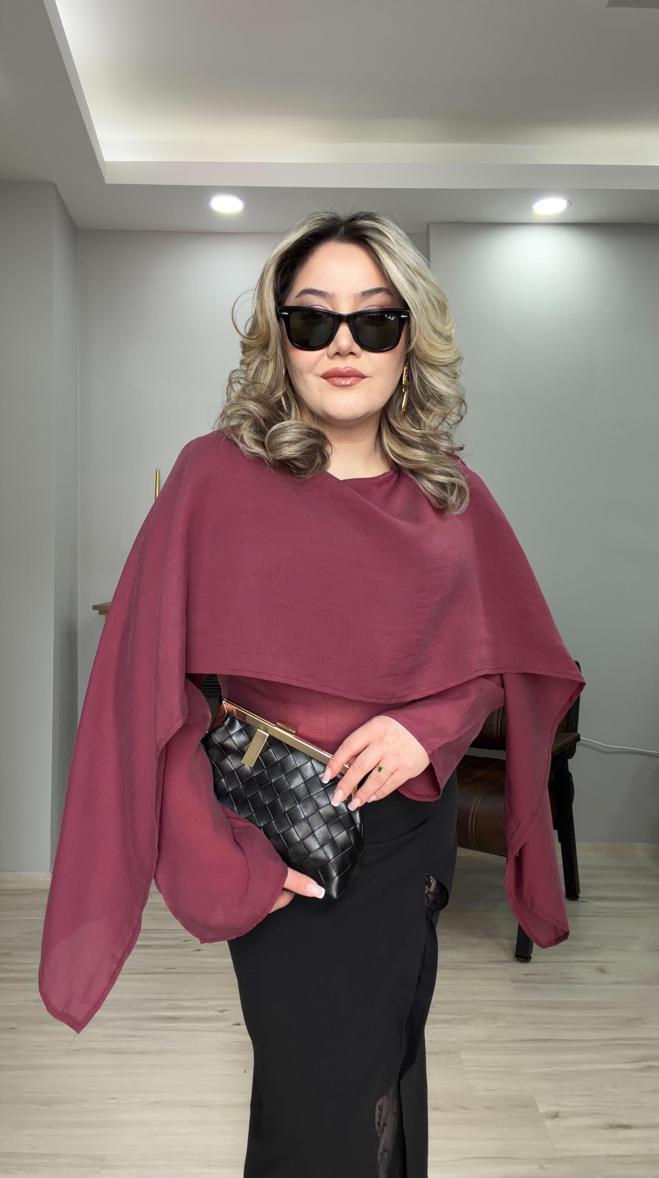 ŞAL YAKA TENSEL BLUZ BORDO