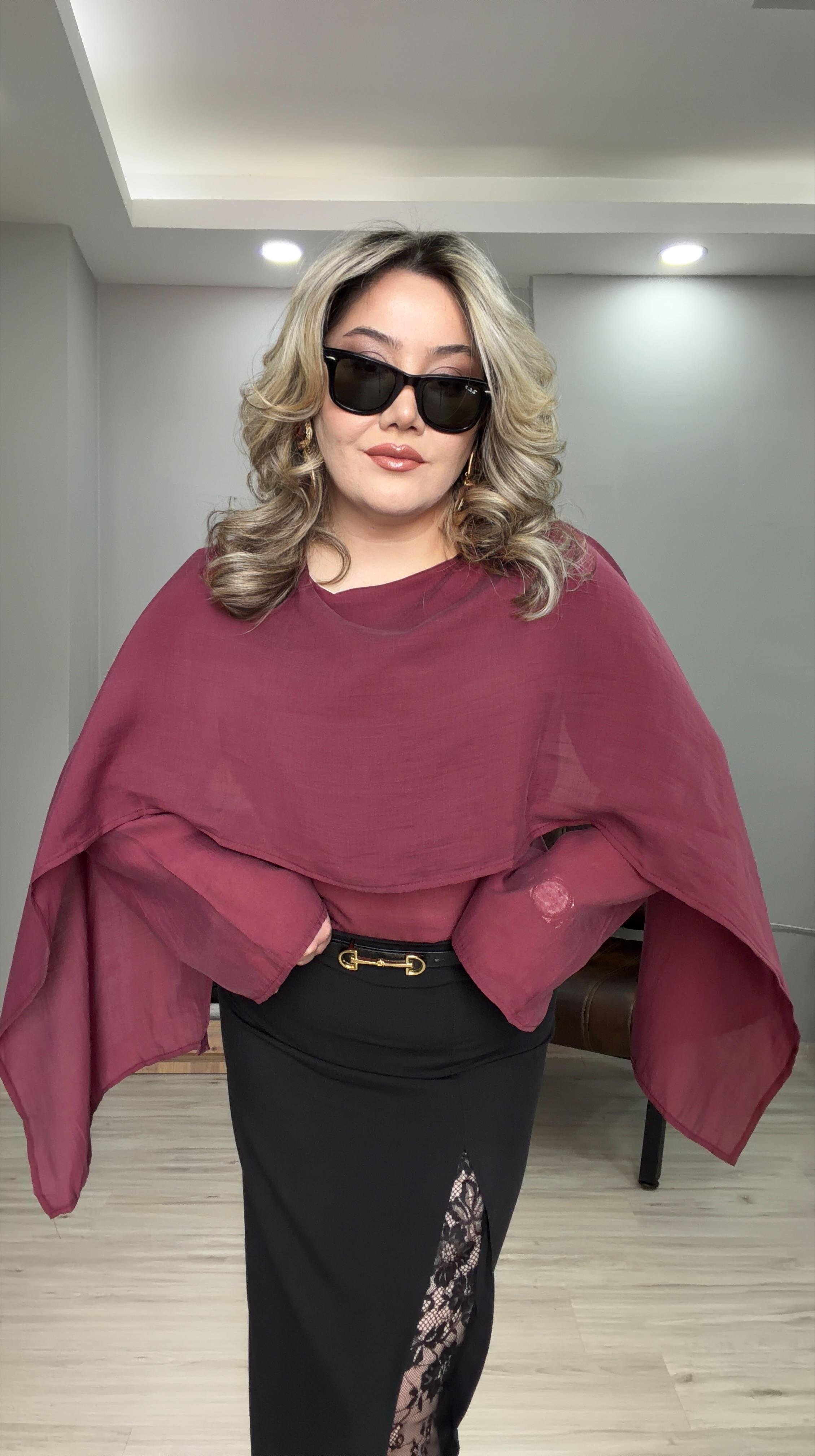 ŞAL YAKA TENSEL BLUZ BORDO