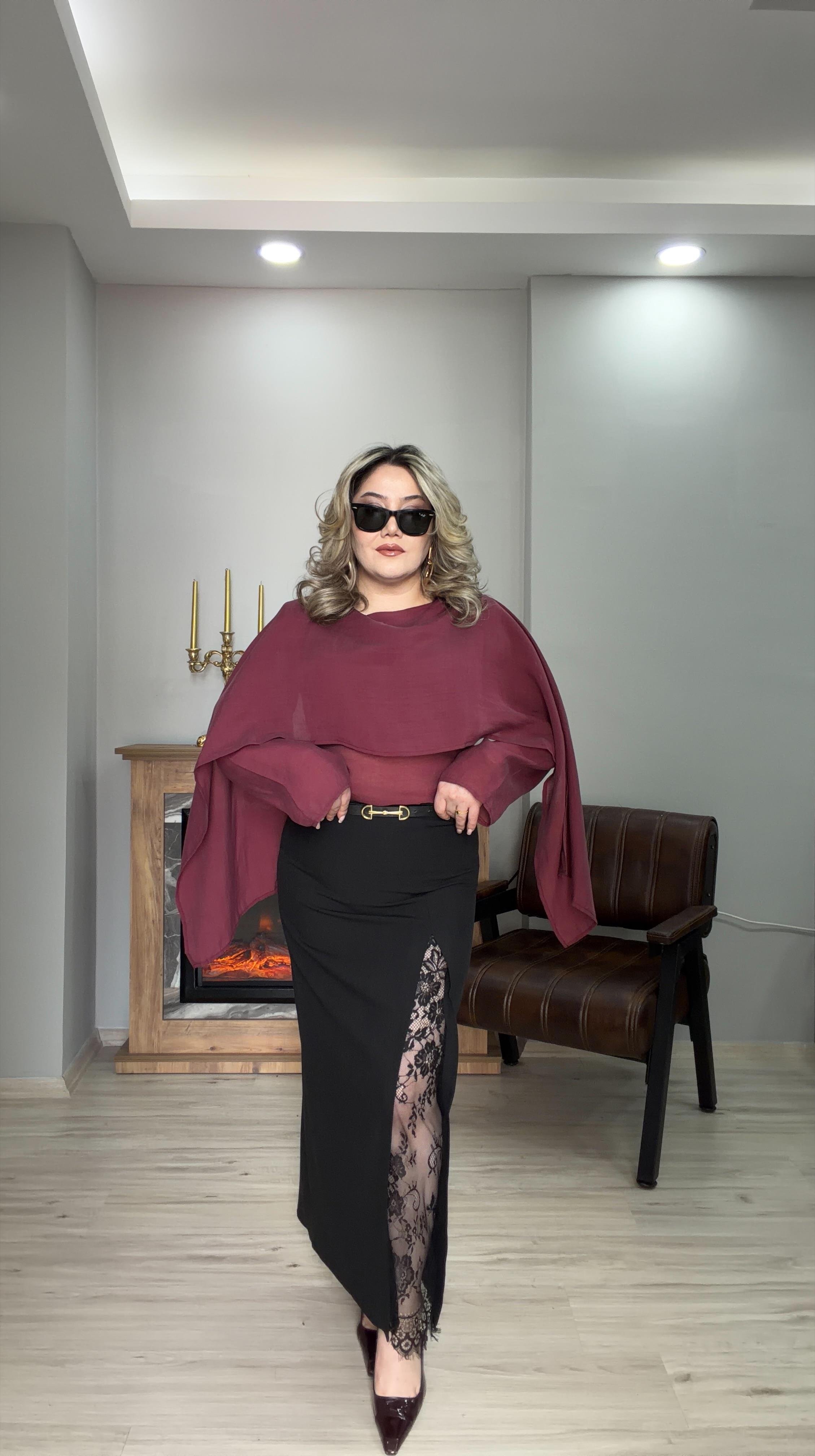 ŞAL YAKA TENSEL BLUZ BORDO