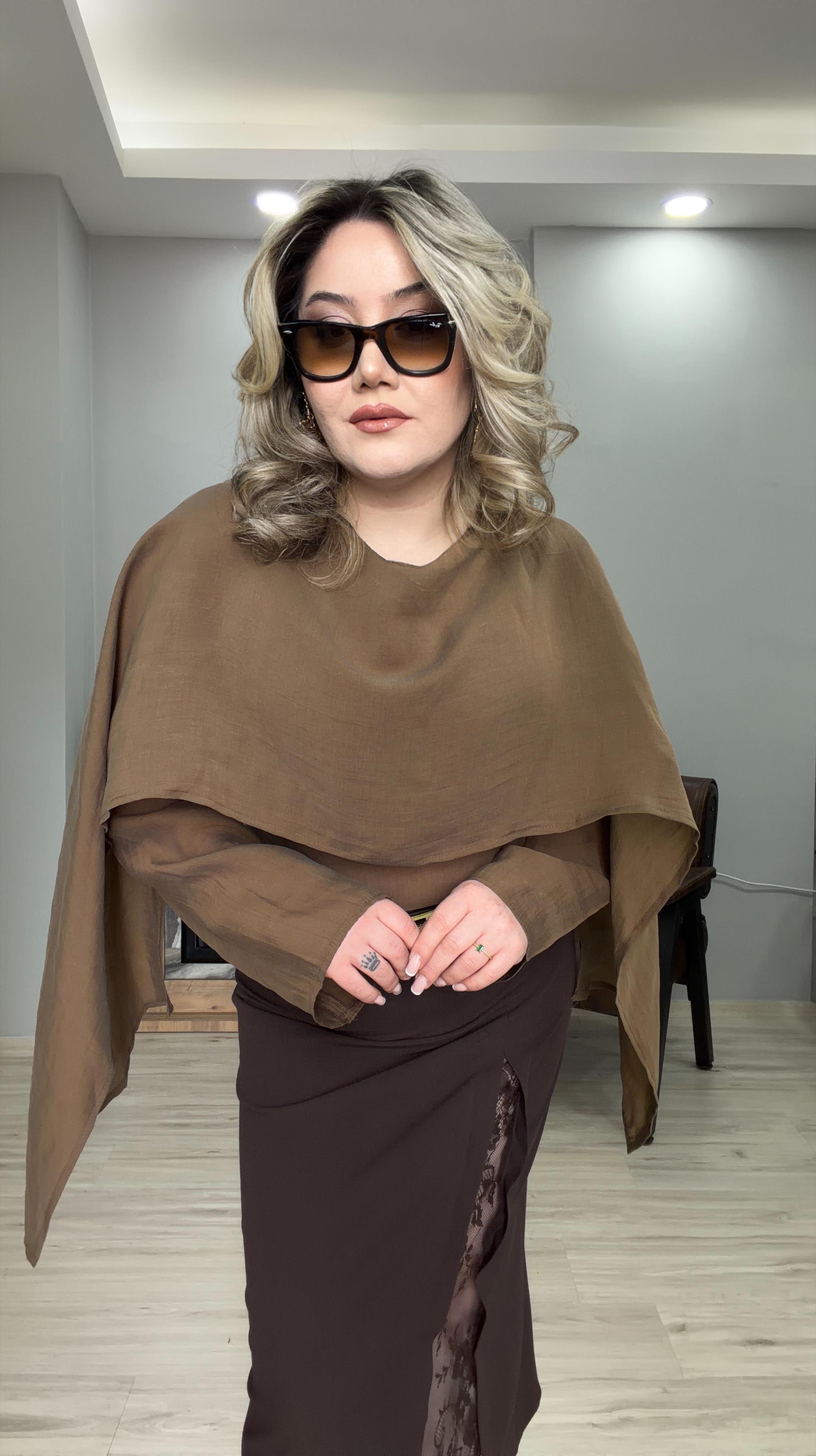 ŞAL YAKA TENSEL BLUZ  KAHVE 