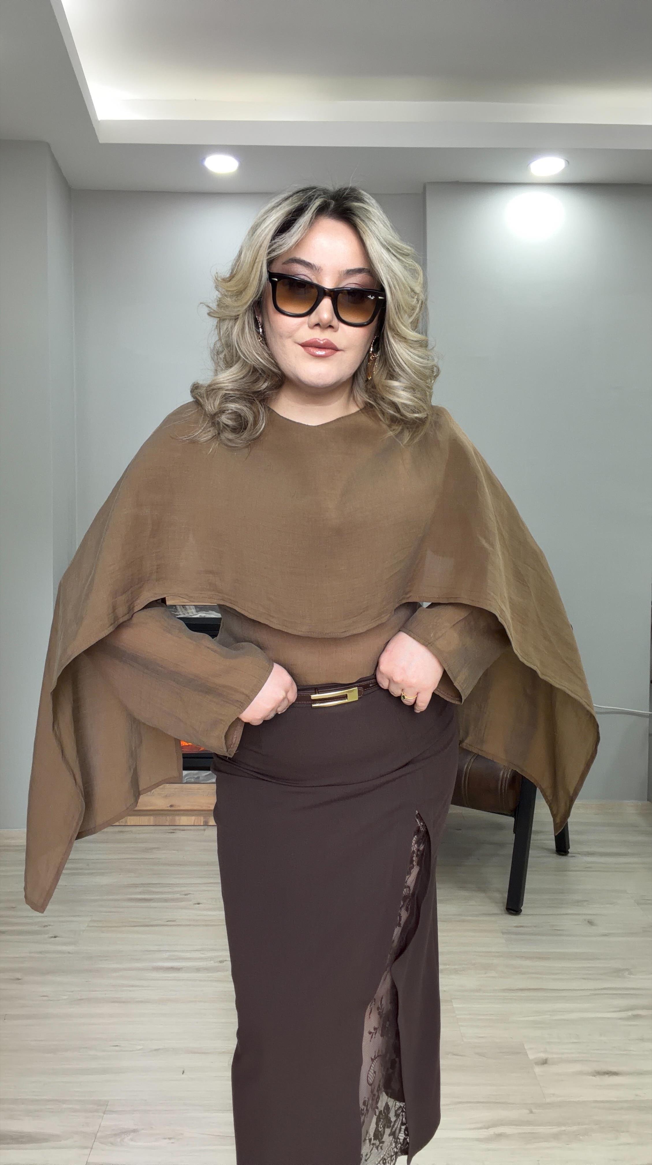 ŞAL YAKA TENSEL BLUZ  KAHVE 
