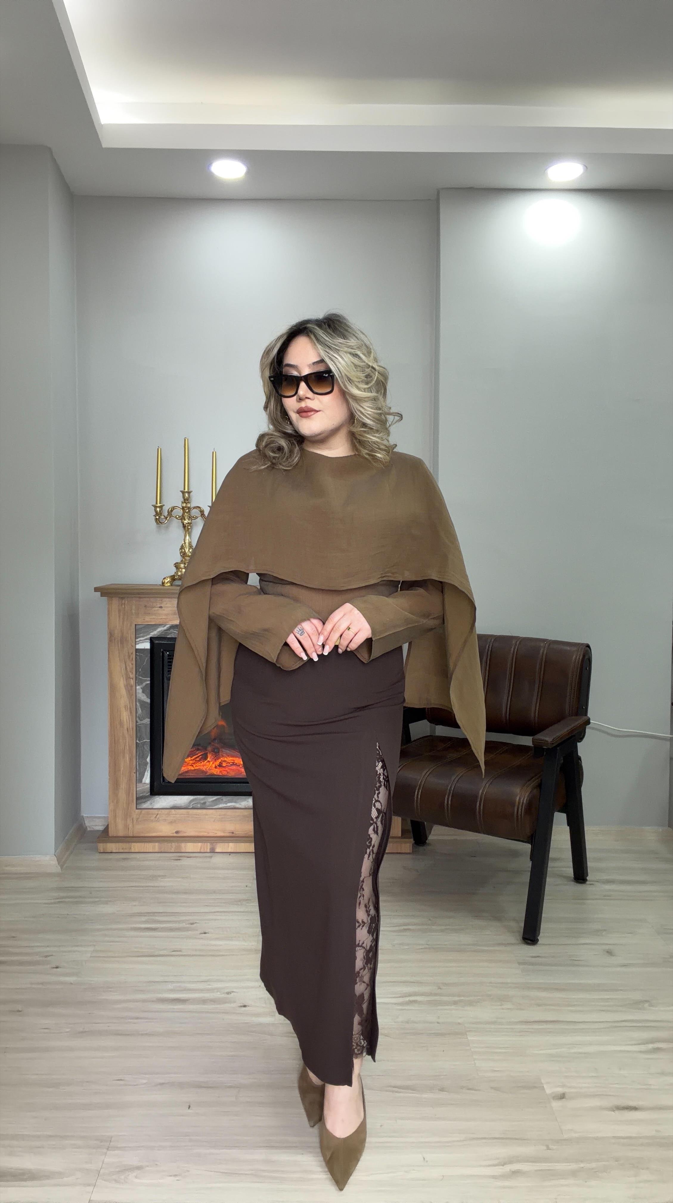 ŞAL YAKA TENSEL BLUZ  KAHVE 