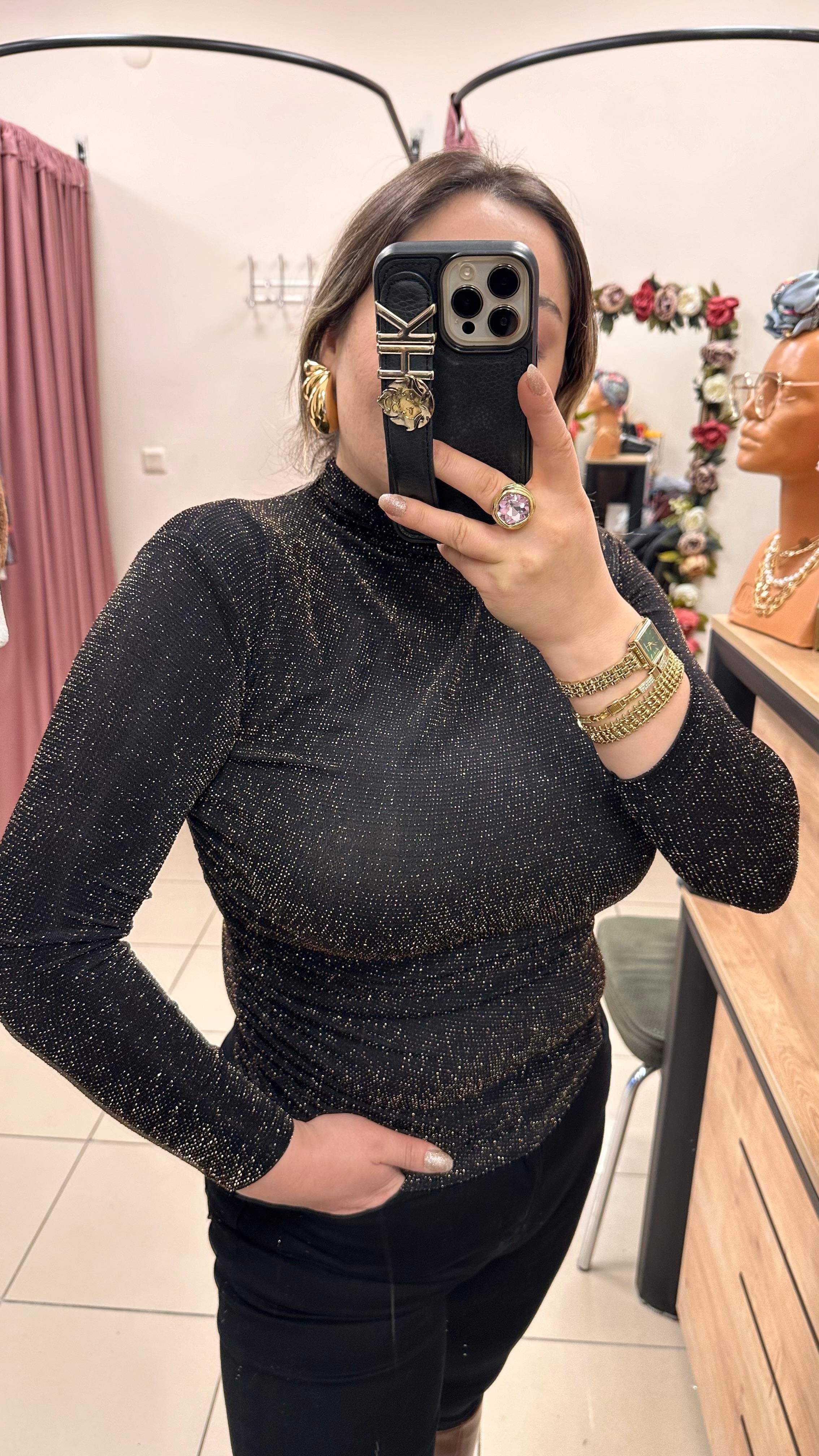 SİMLİ DRAPE DETAYLI BLUZ GOLD