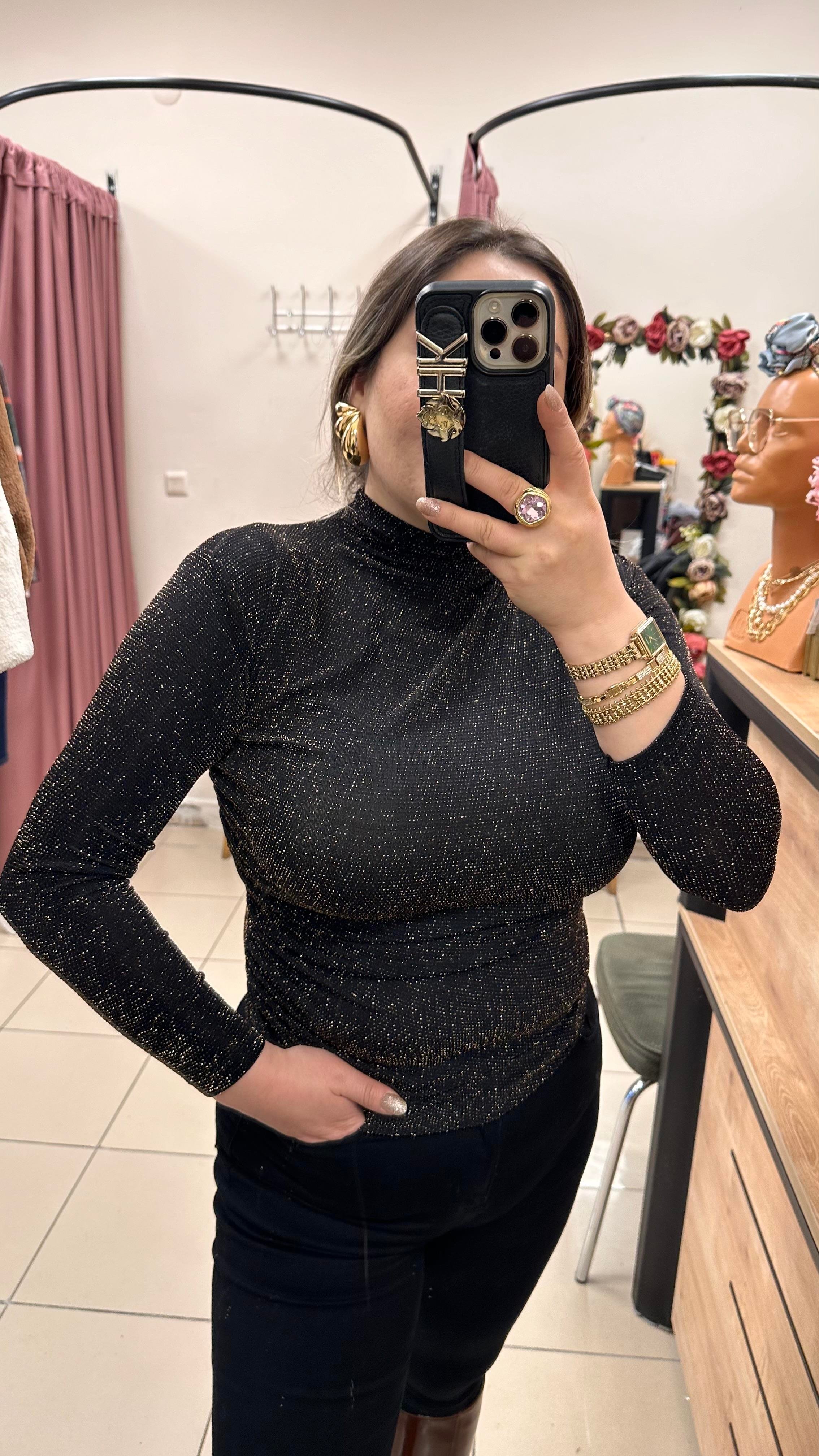 SİMLİ DRAPE DETAYLI BLUZ GOLD
