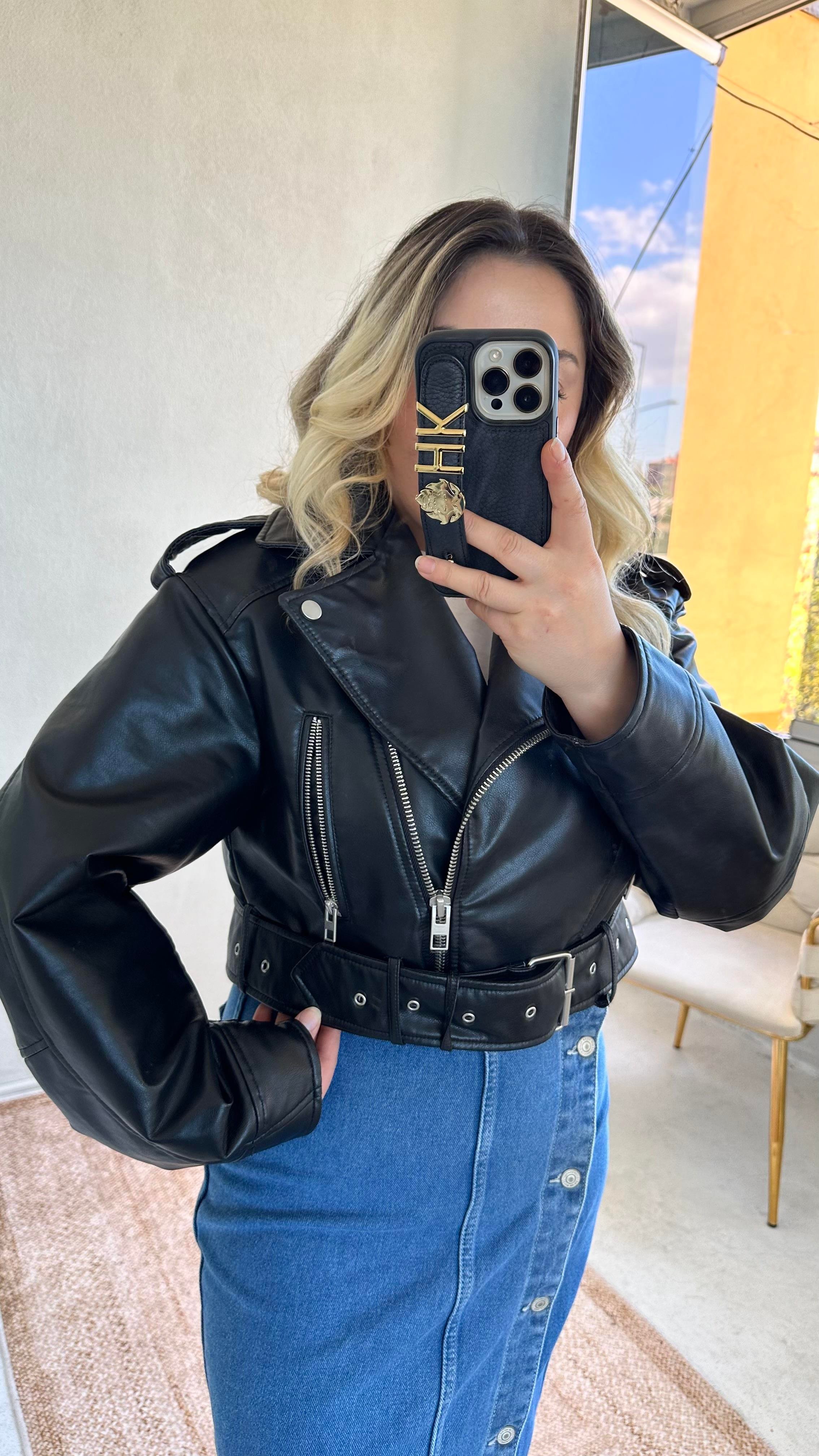 Suni Deri Crop Biker Ceket