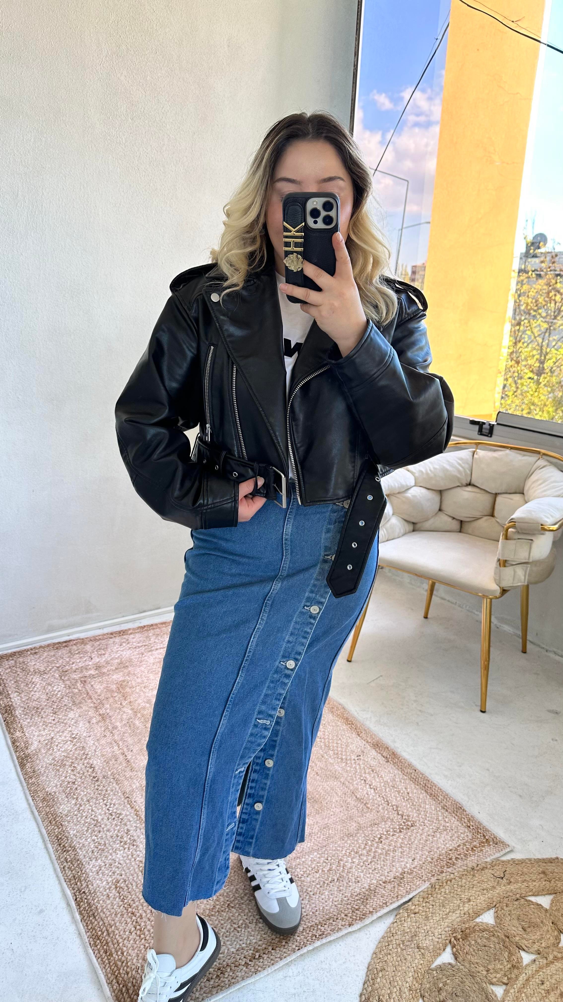 Suni Deri Crop Biker Ceket