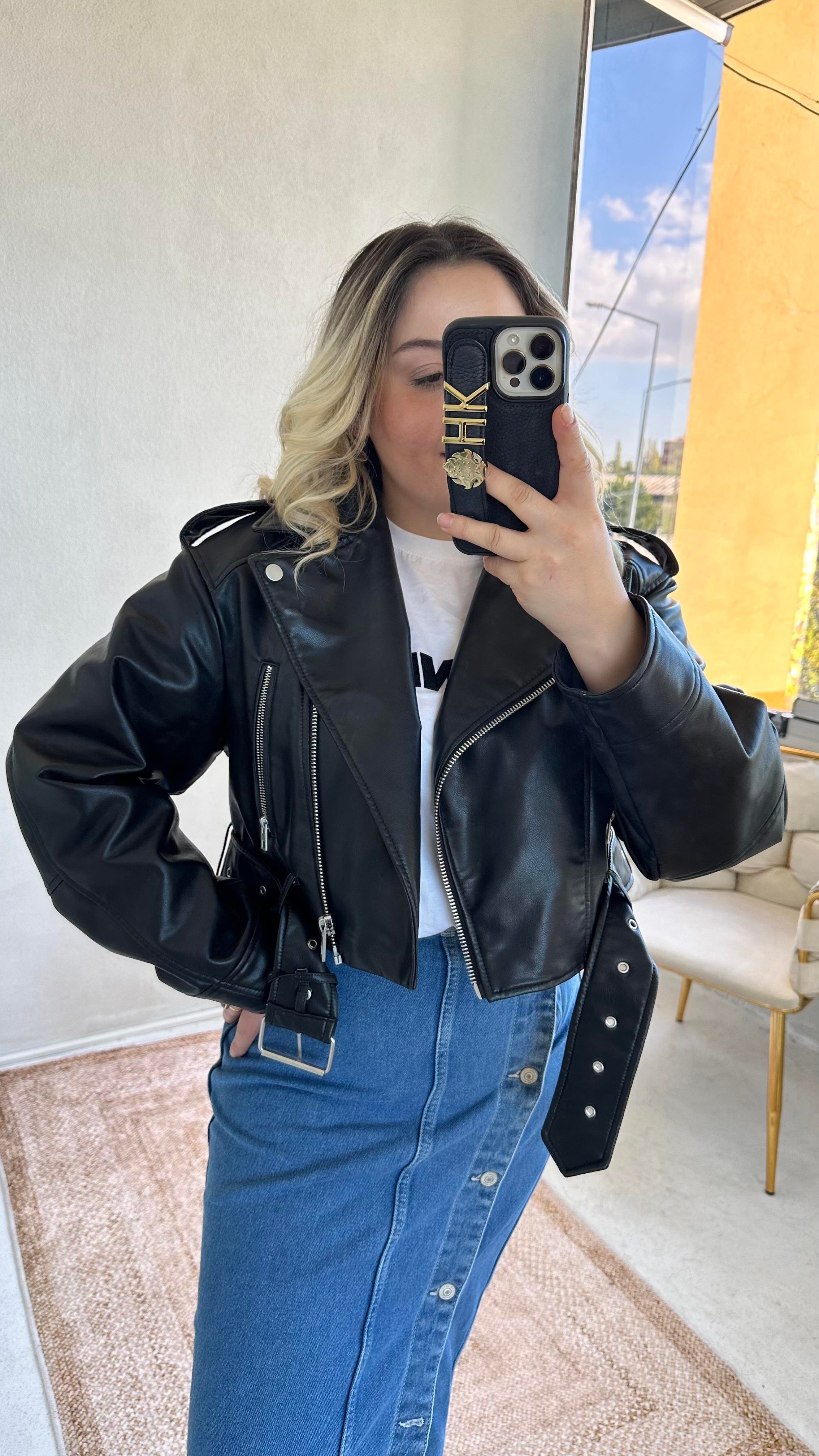 Suni Deri Crop Biker Ceket