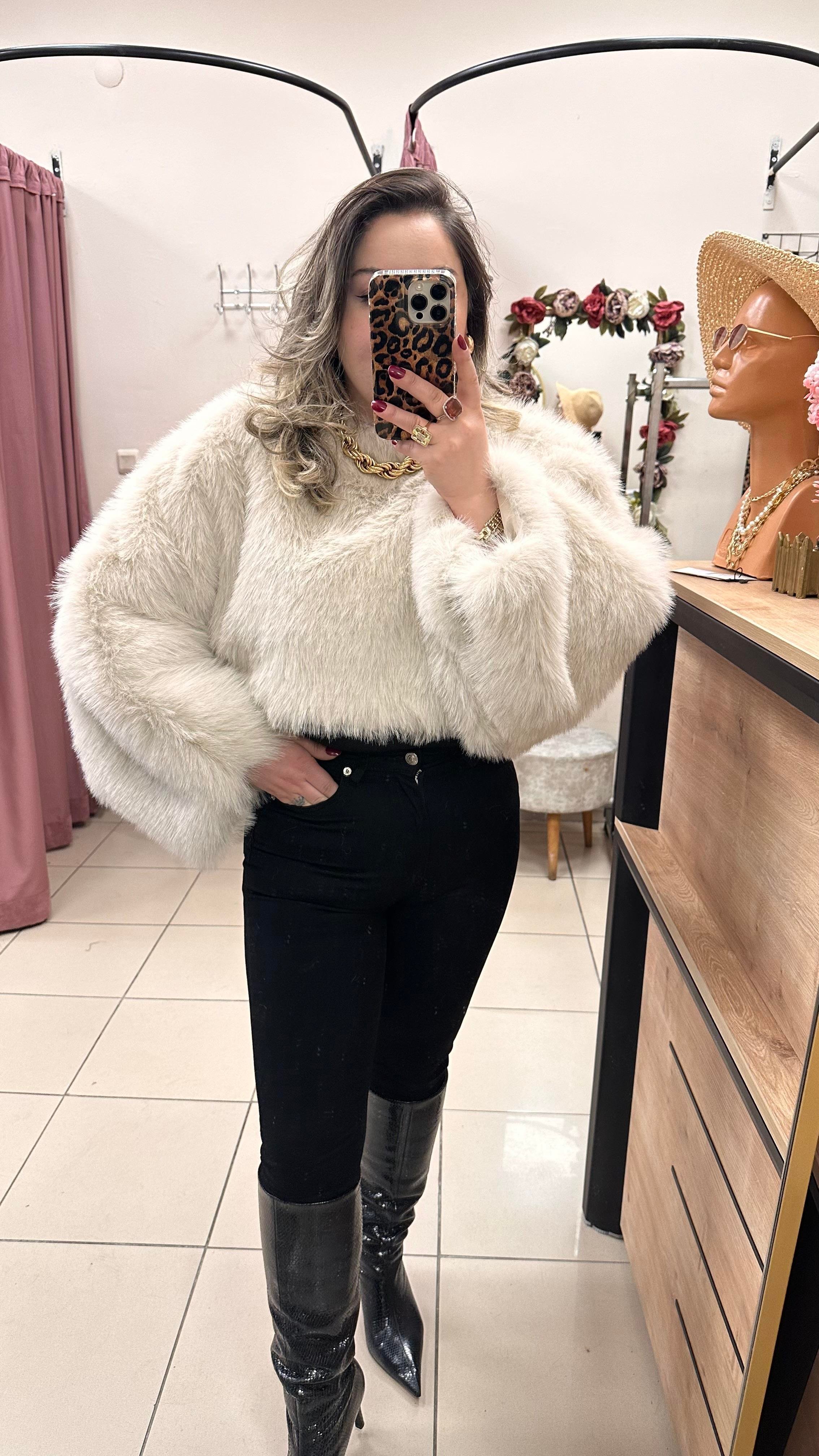 SUNİ KÜRK CROP TOP EKRU