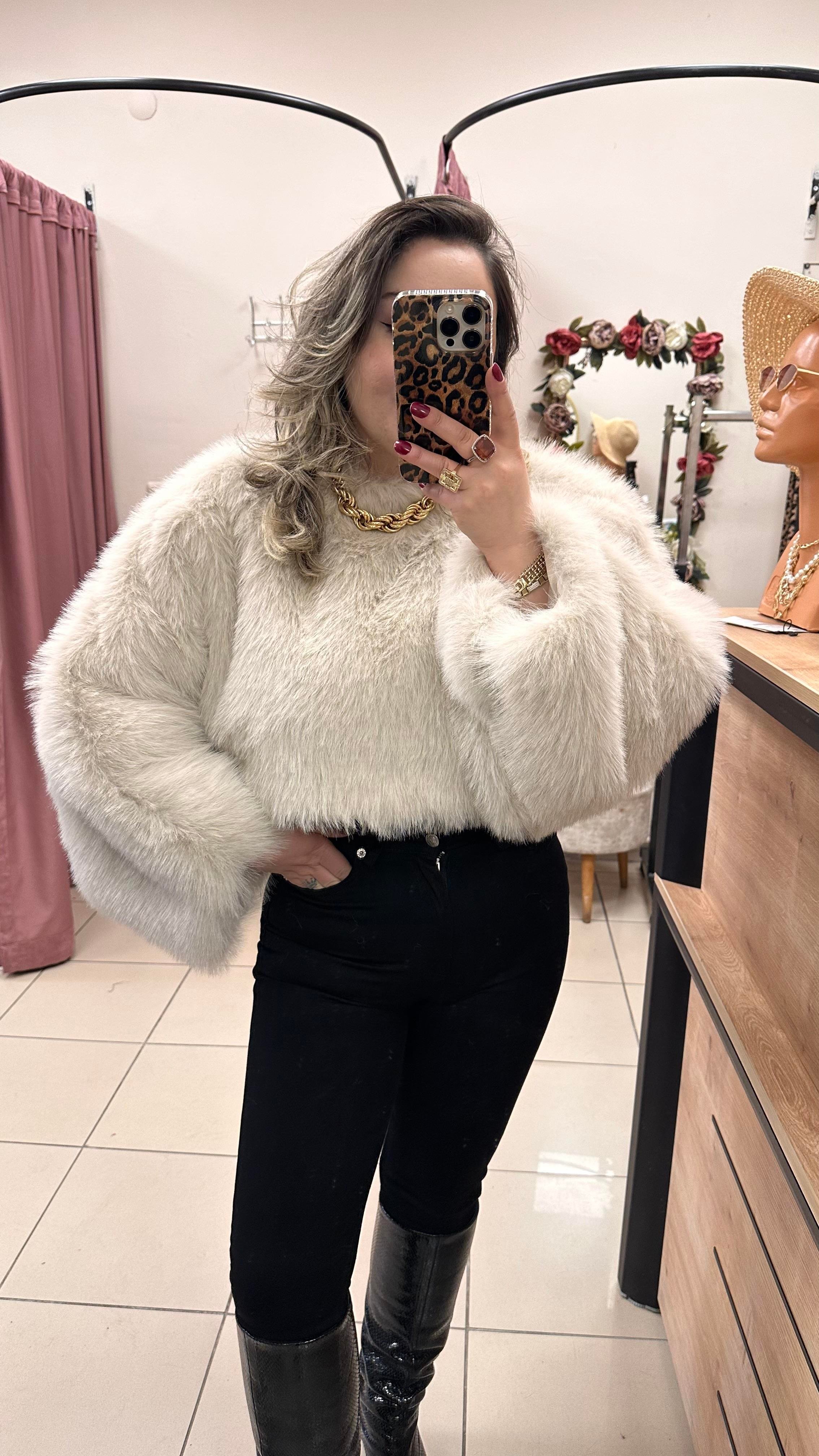 SUNİ KÜRK CROP TOP EKRU