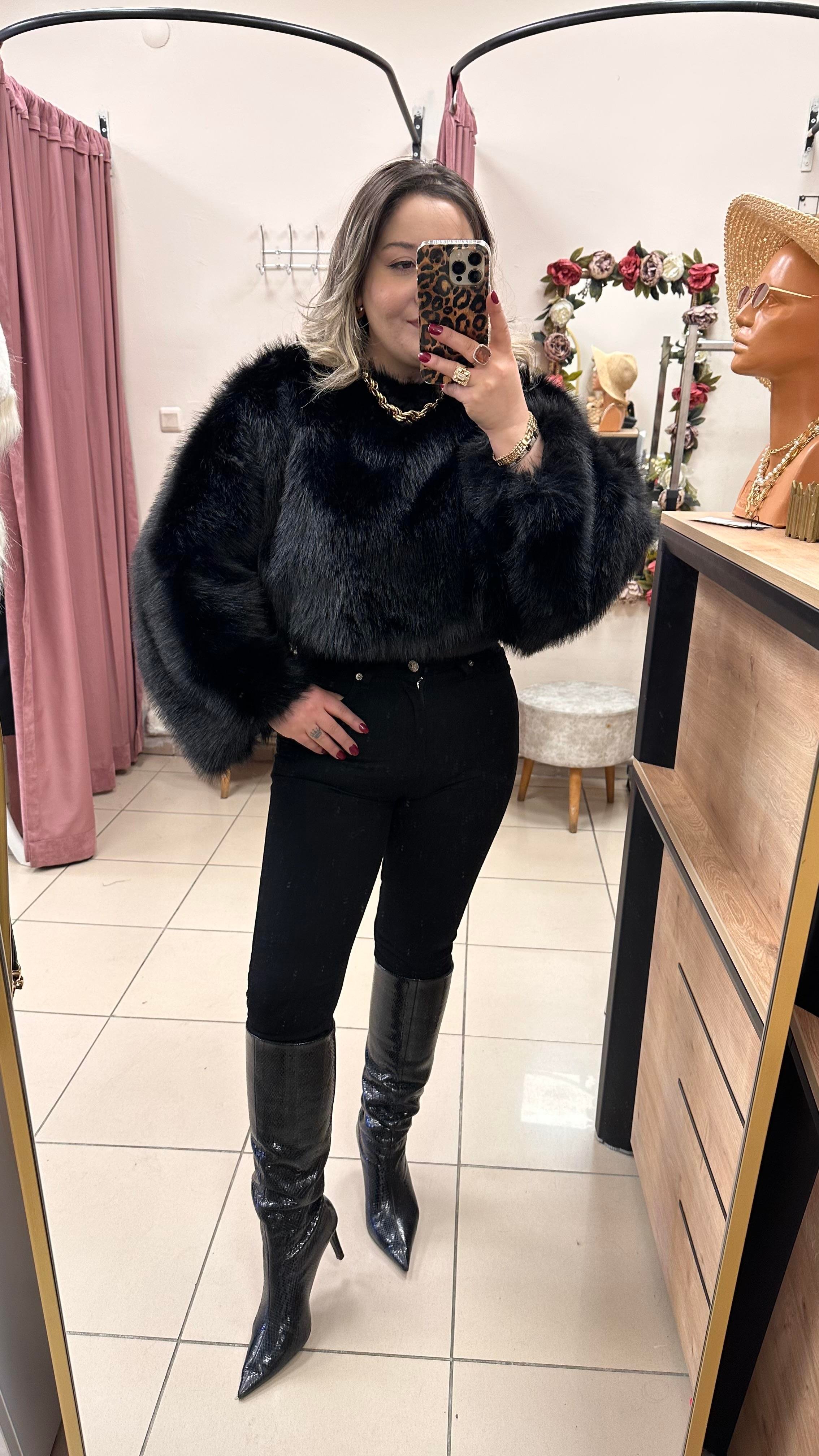 SUNİ KÜRK TOP CROP SİYAH
