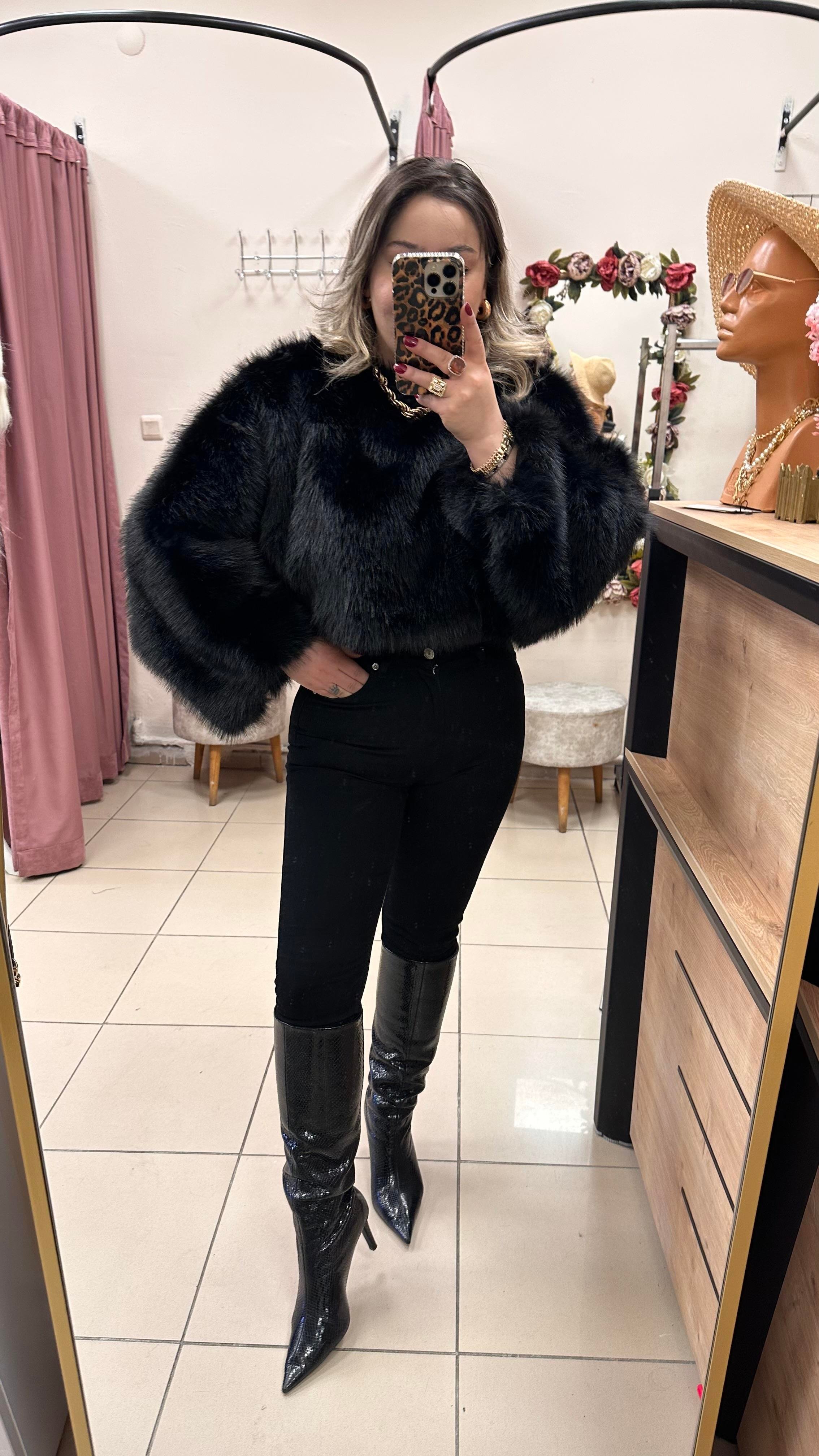 SUNİ KÜRK TOP CROP SİYAH