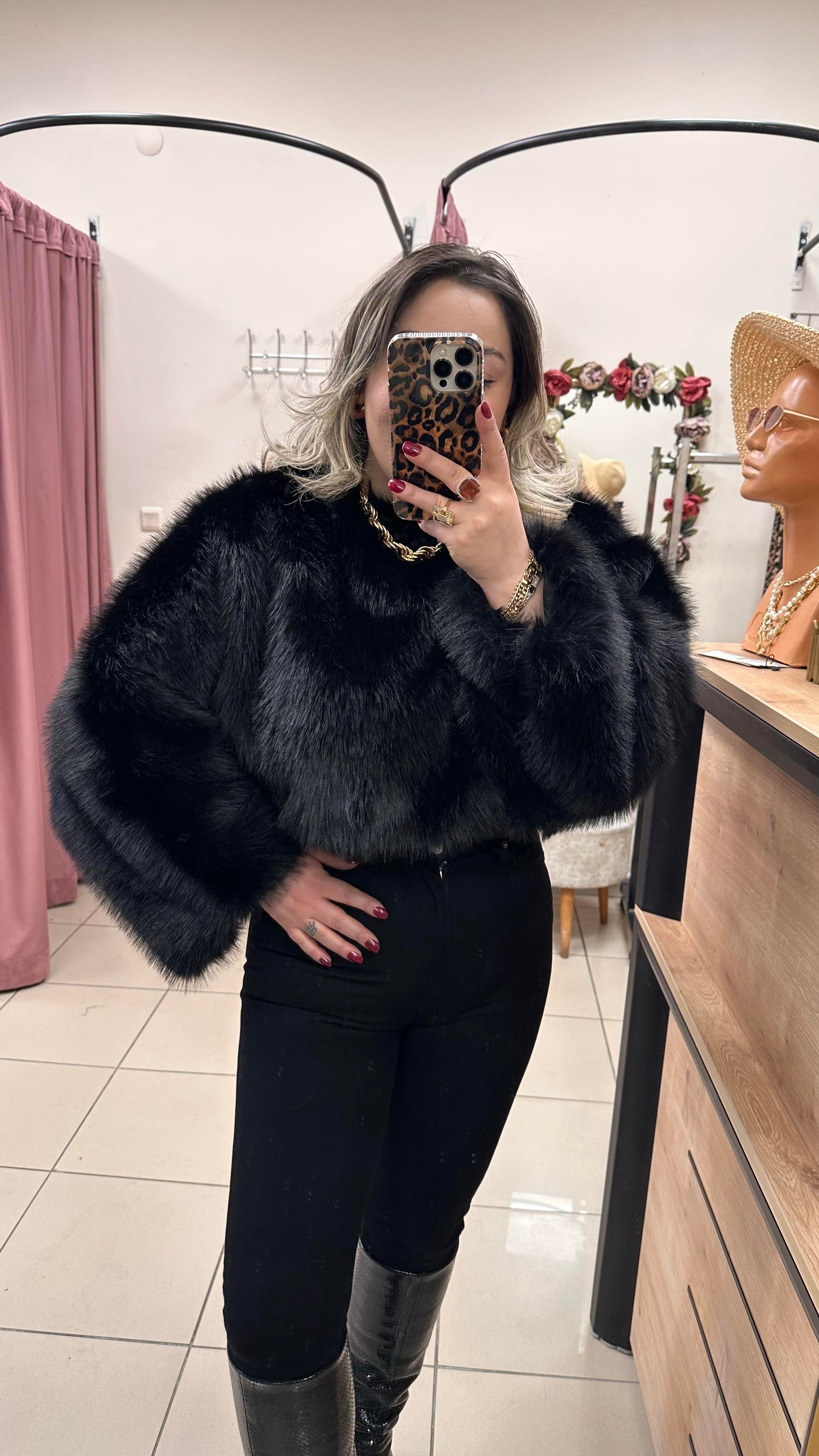SUNİ KÜRK TOP CROP SİYAH