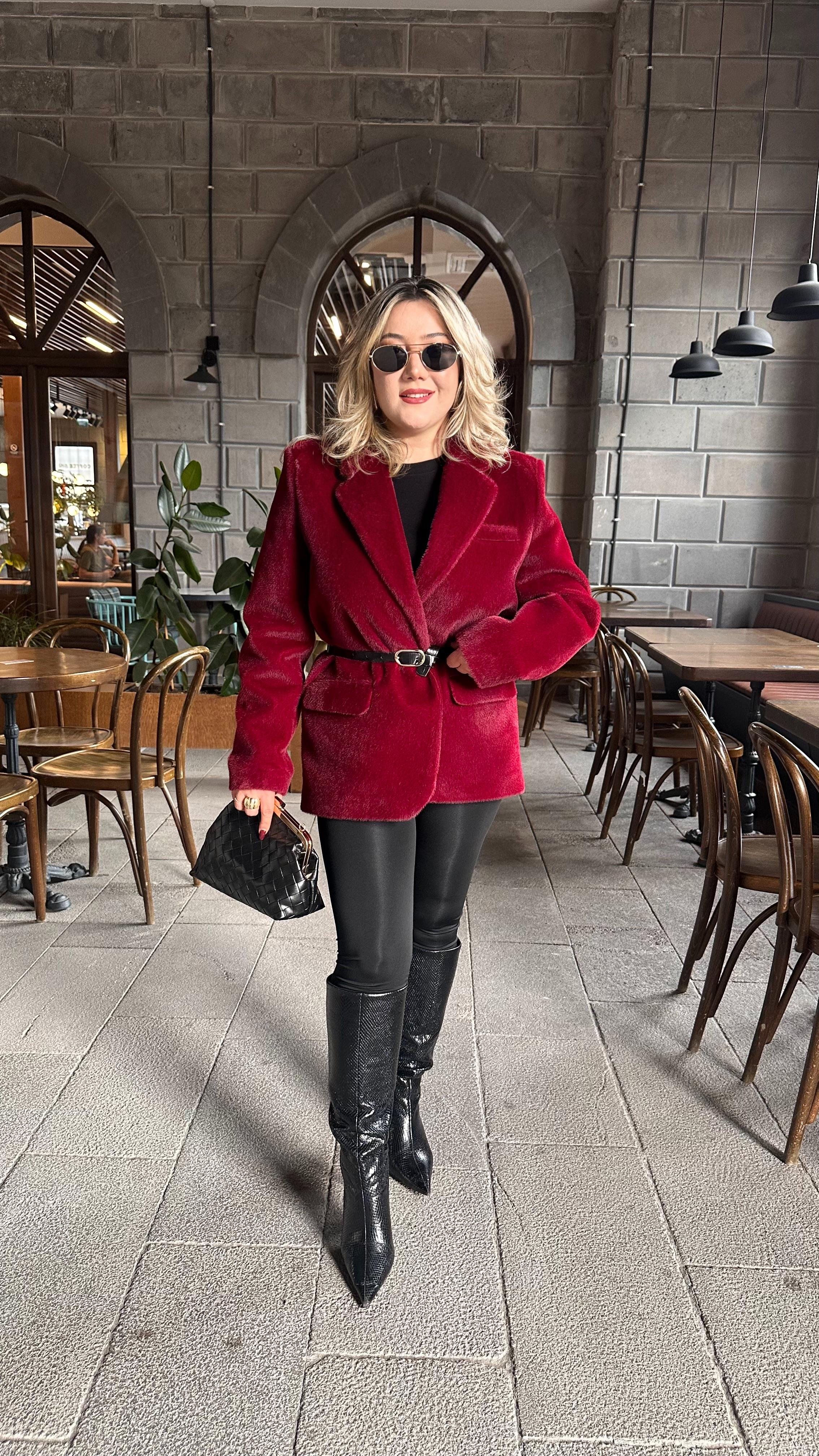 TAY TÜYLÜ KEMERLİ BLAZER CEKET BORDO