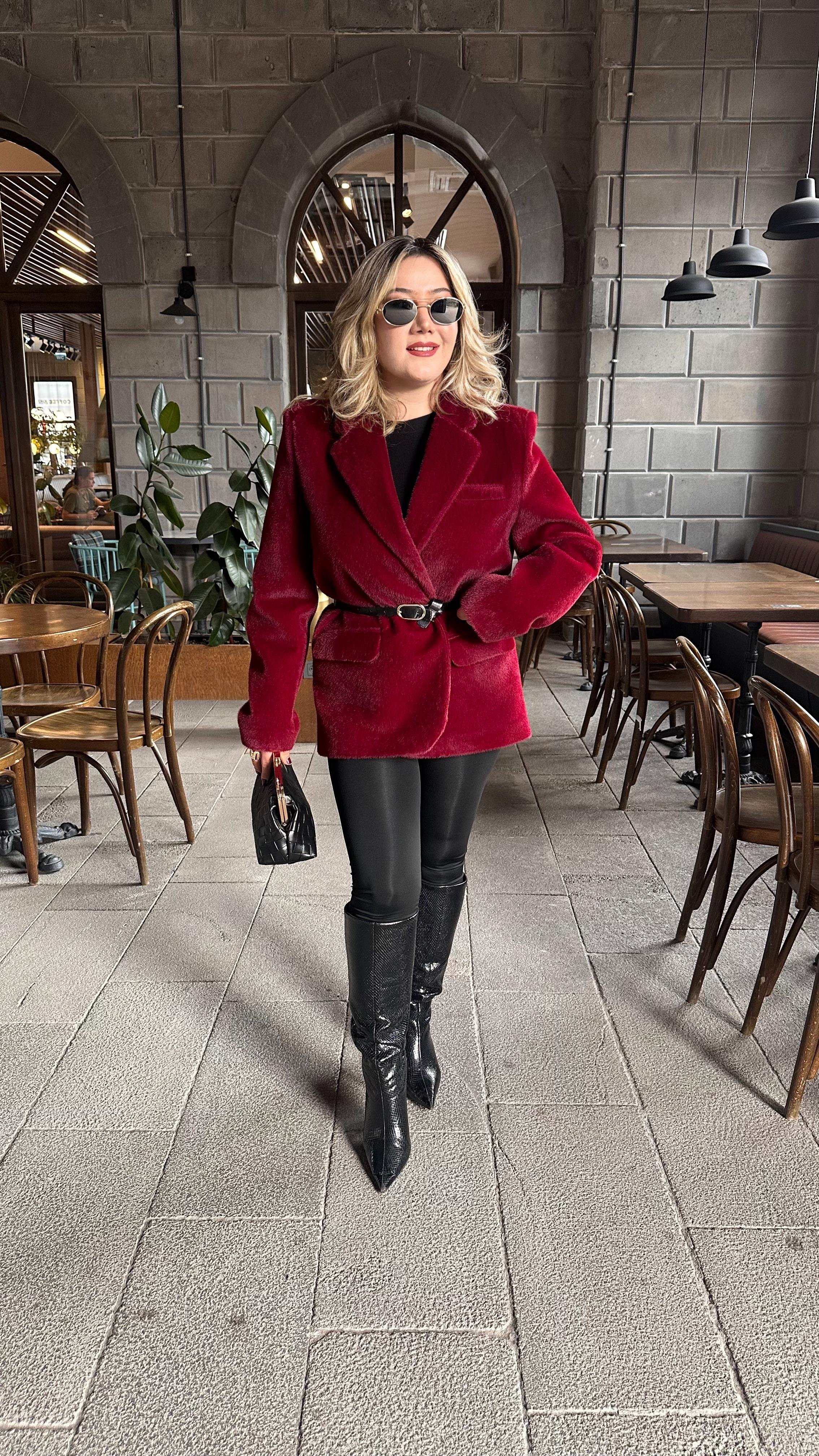 TAY TÜYLÜ KEMERLİ BLAZER CEKET BORDO
