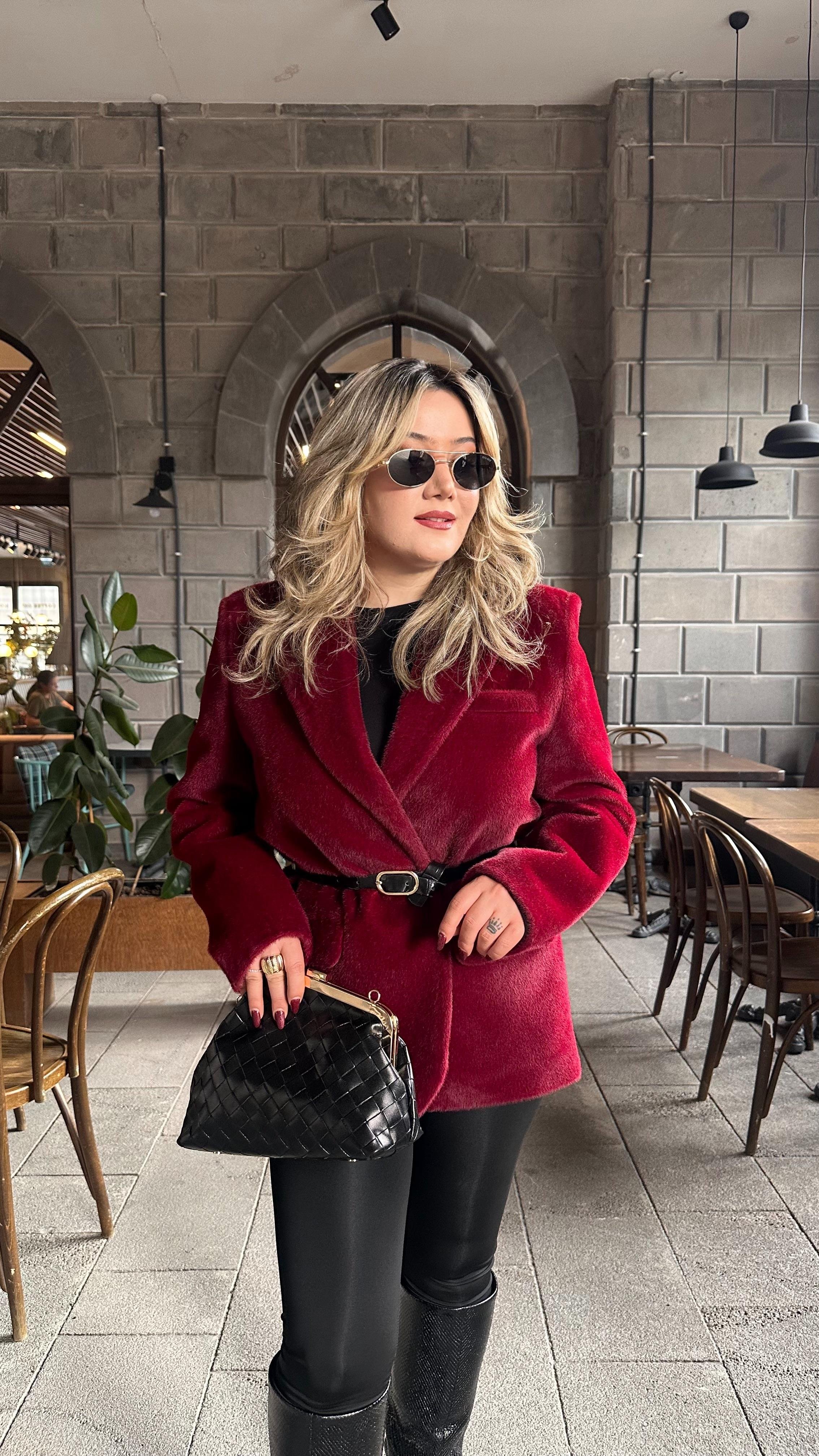 TAY TÜYLÜ KEMERLİ BLAZER CEKET BORDO