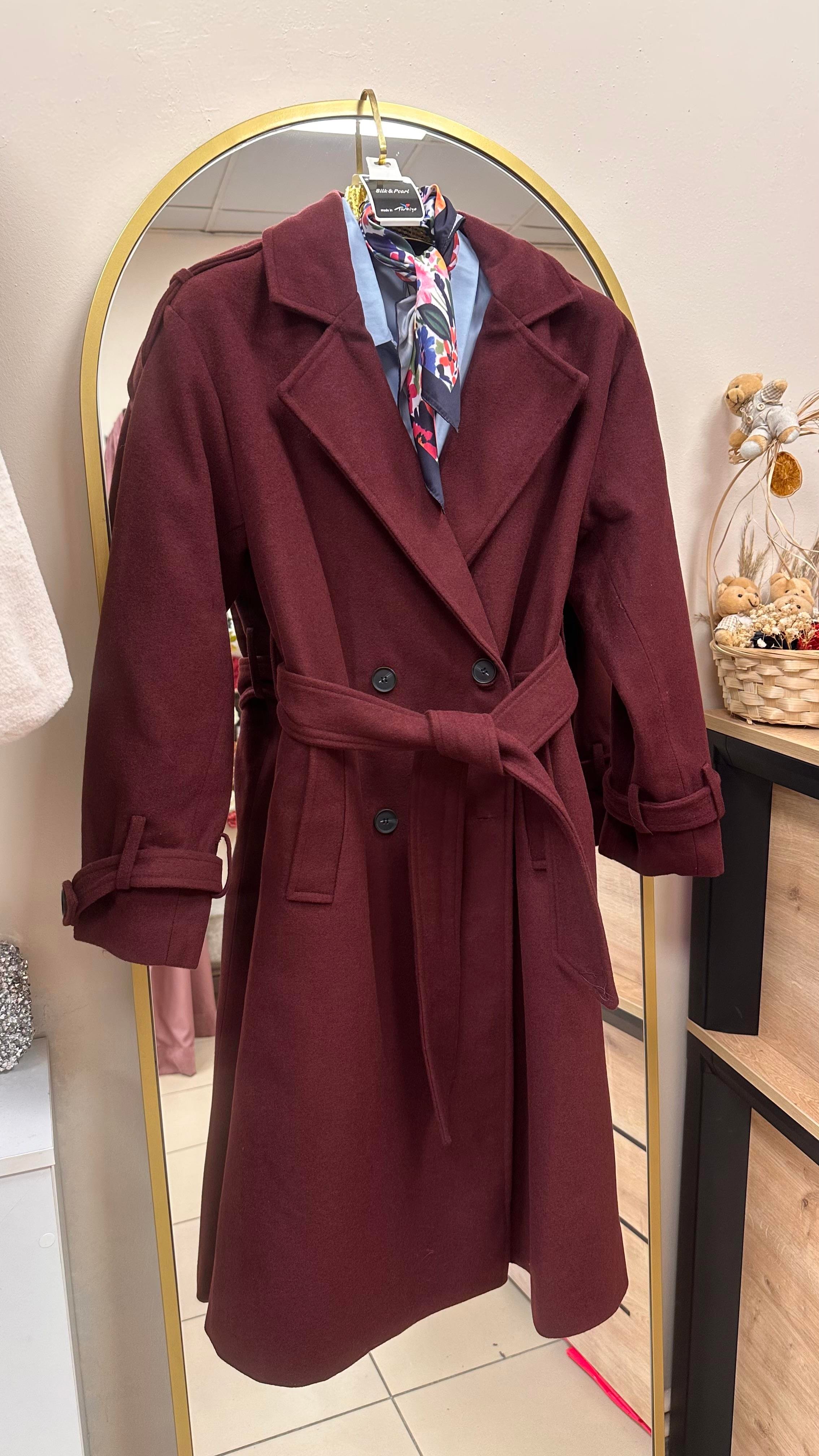 TRENÇ MODEL BELDEN KUŞAKLI KAŞE KABAN BORDO