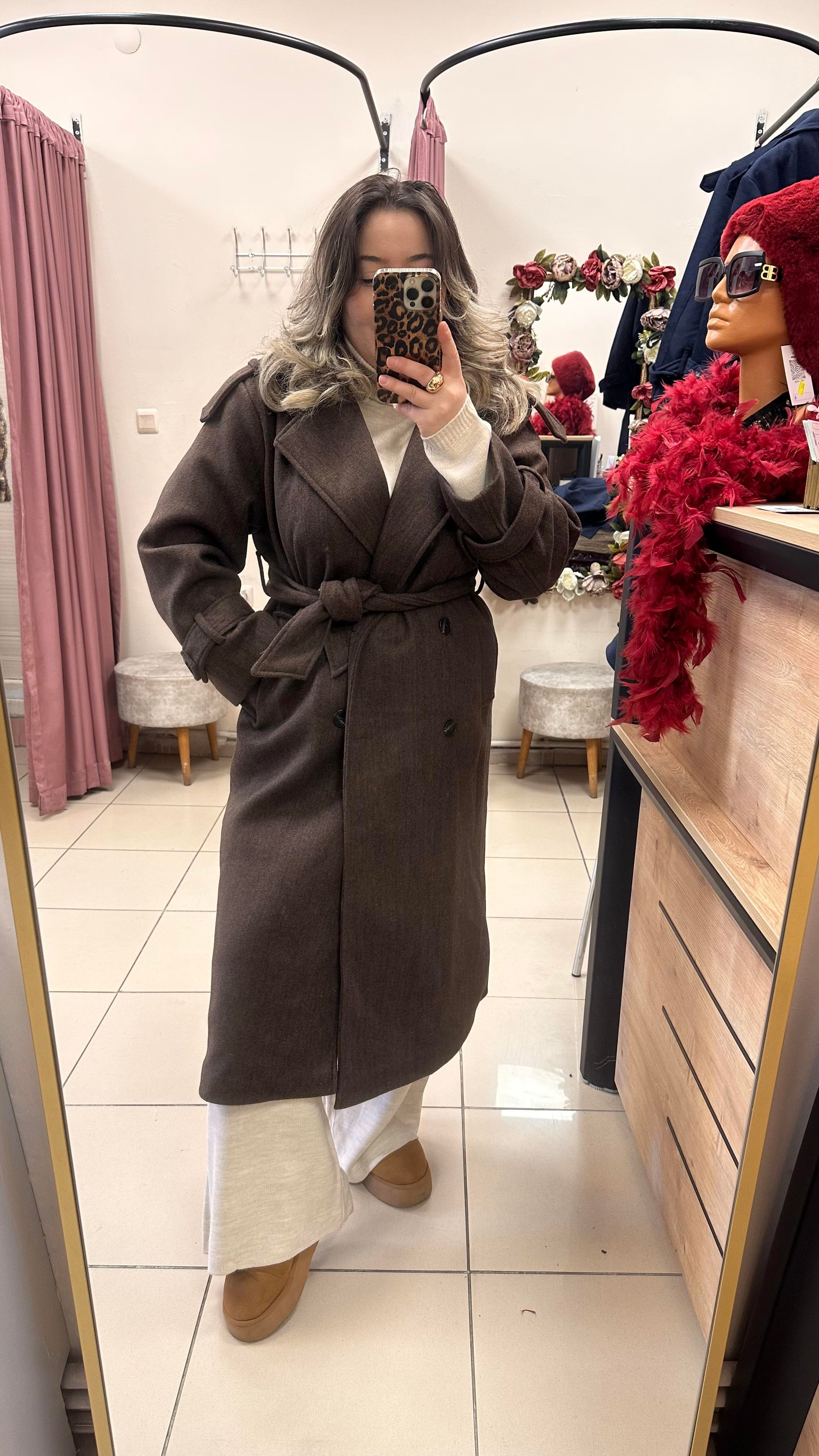 TRENÇ MODEL BELDEN KUŞAKLI KAŞE KABAN KAHVE