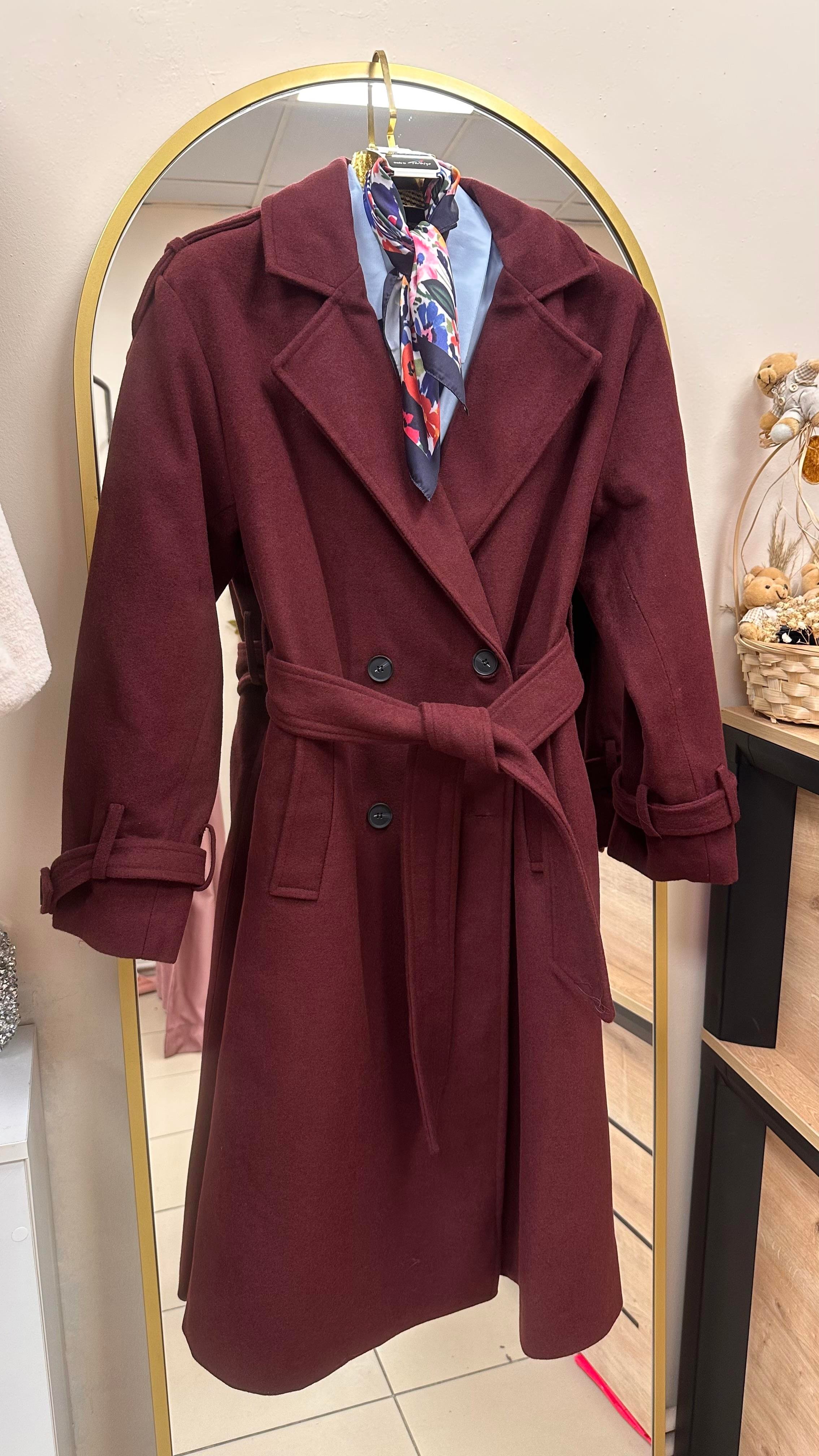 TRENÇ MODEL BELDEN KUŞAKLI KAŞE KABAN BORDO