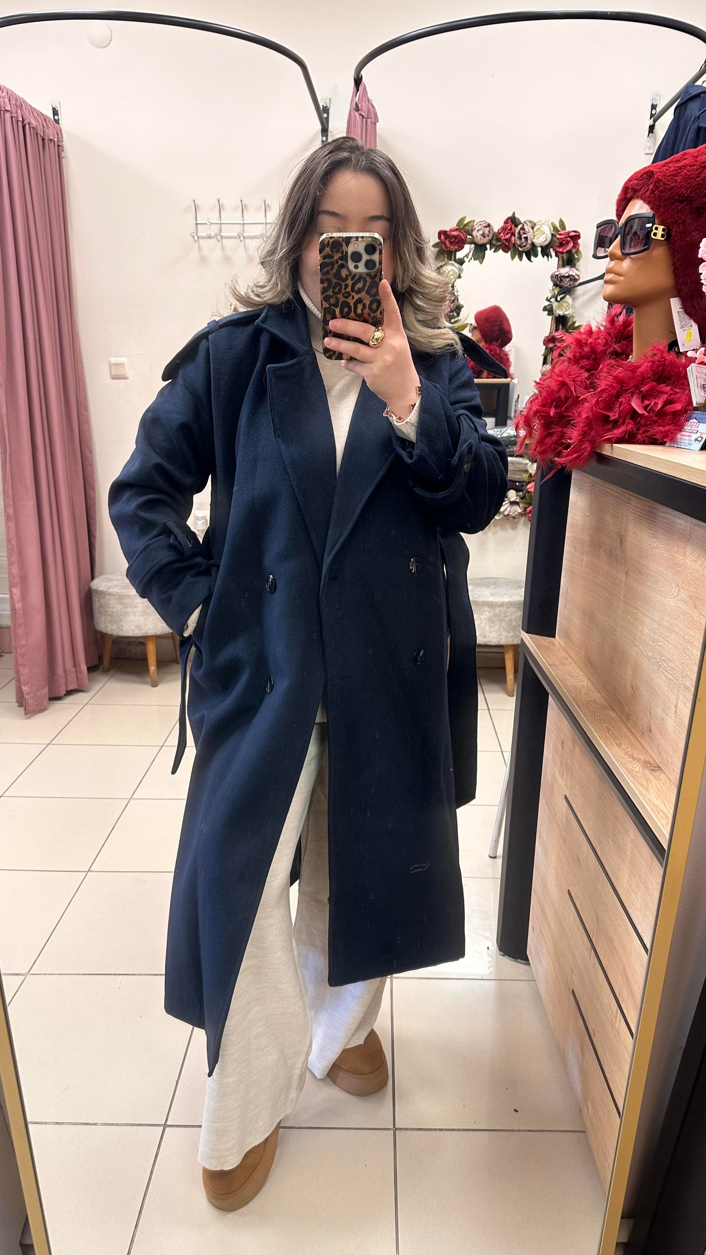 TRENÇ MODEL BELDEN KUŞAKLI KAŞE KABAN LACİVERT