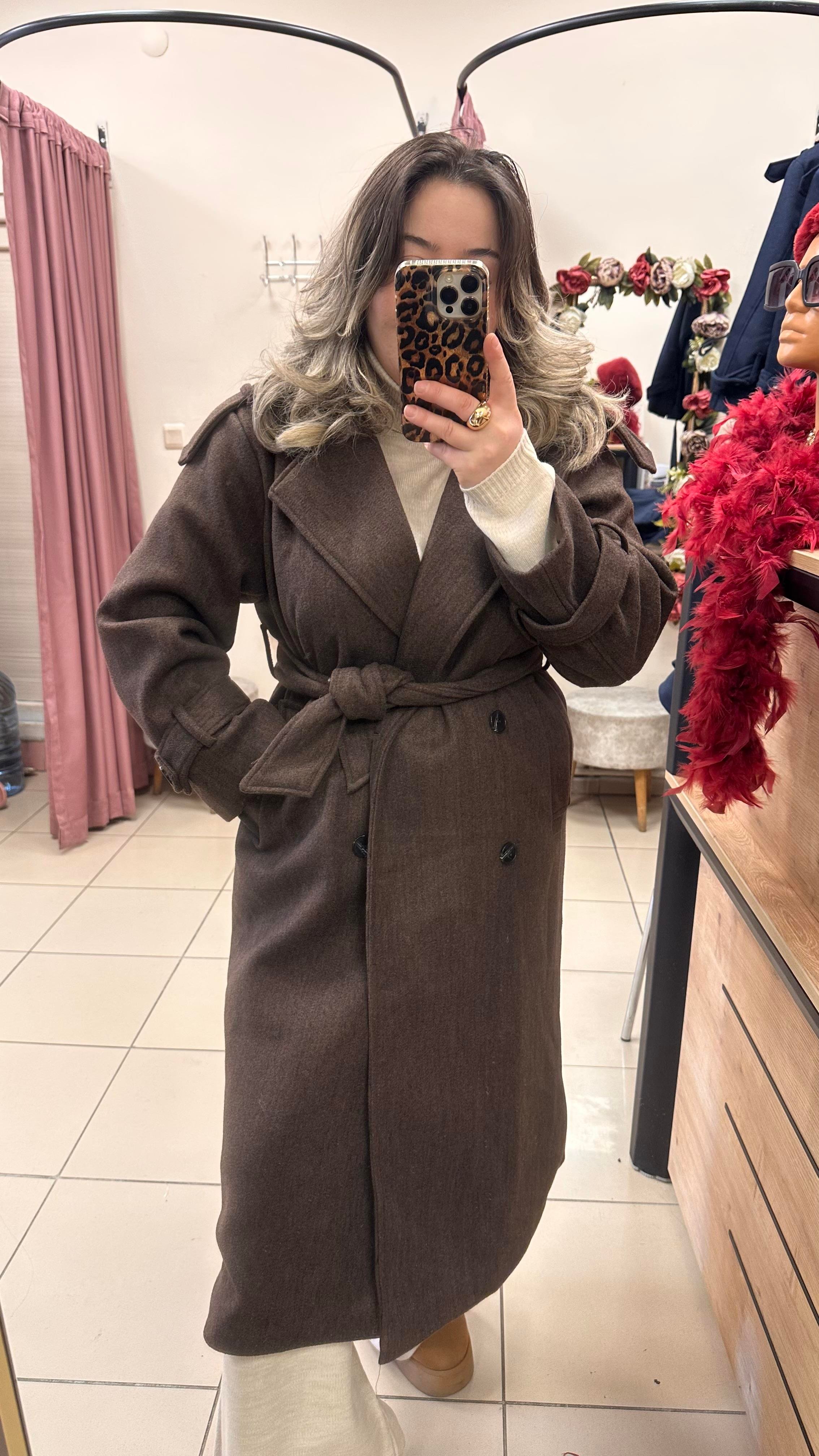 TRENÇ MODEL BELDEN KUŞAKLI KAŞE KABAN KAHVE