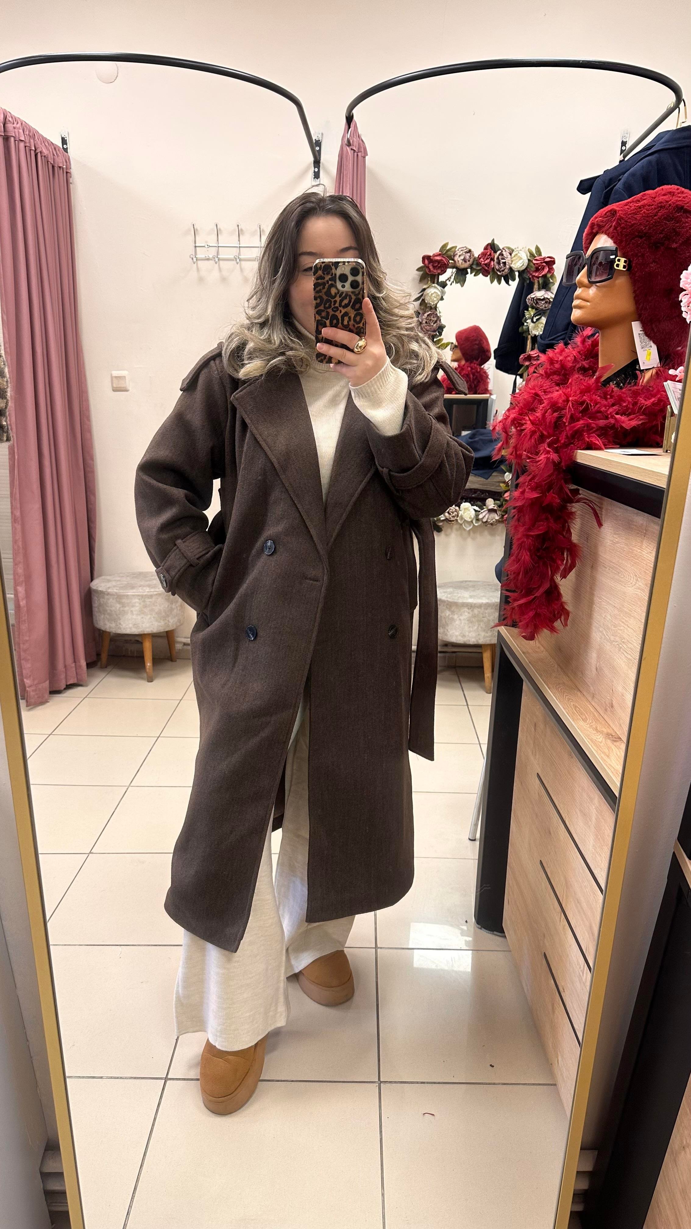 TRENÇ MODEL BELDEN KUŞAKLI KAŞE KABAN KAHVE