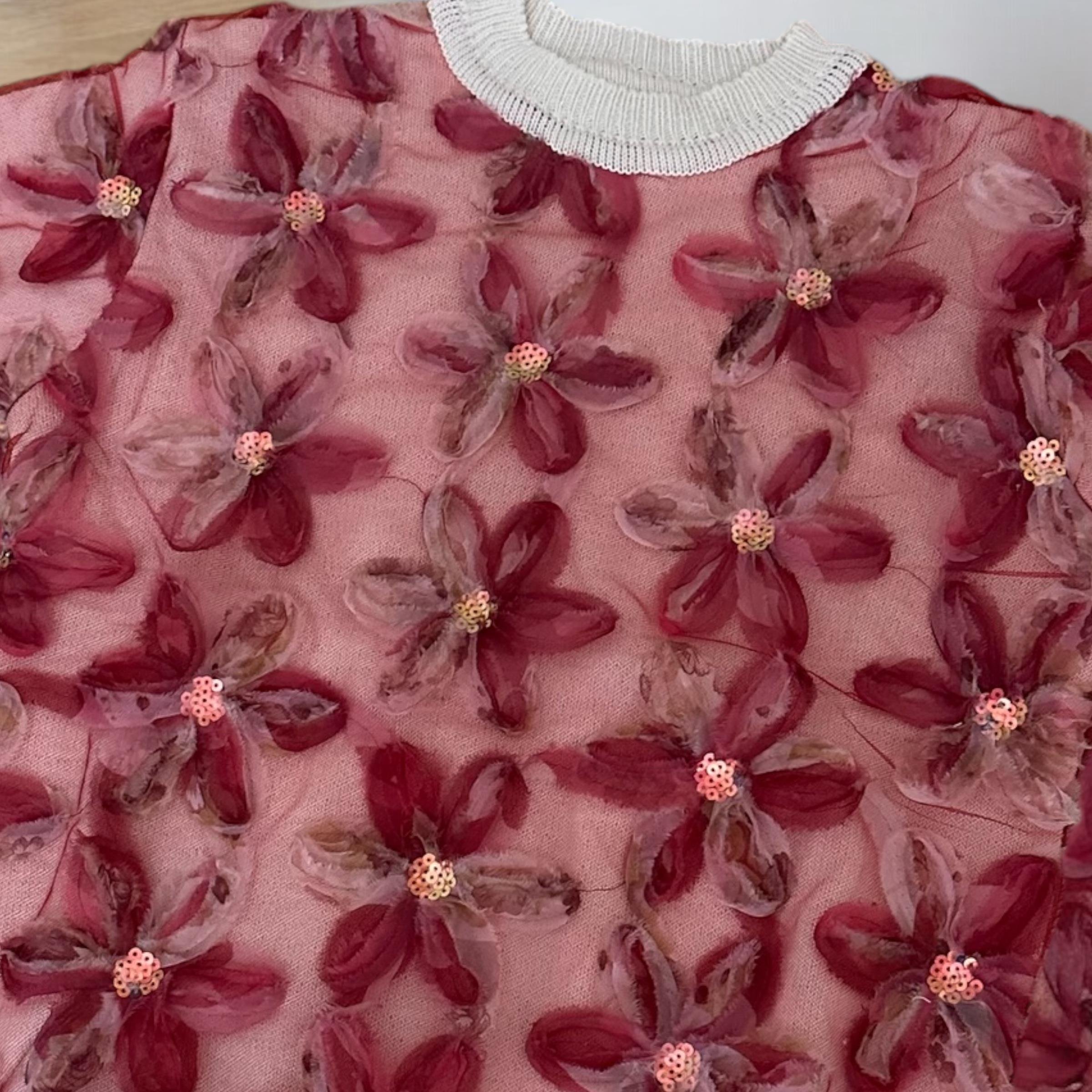 TÜL ÇİÇEKLİ KISA KOL KAZAK PEMBE