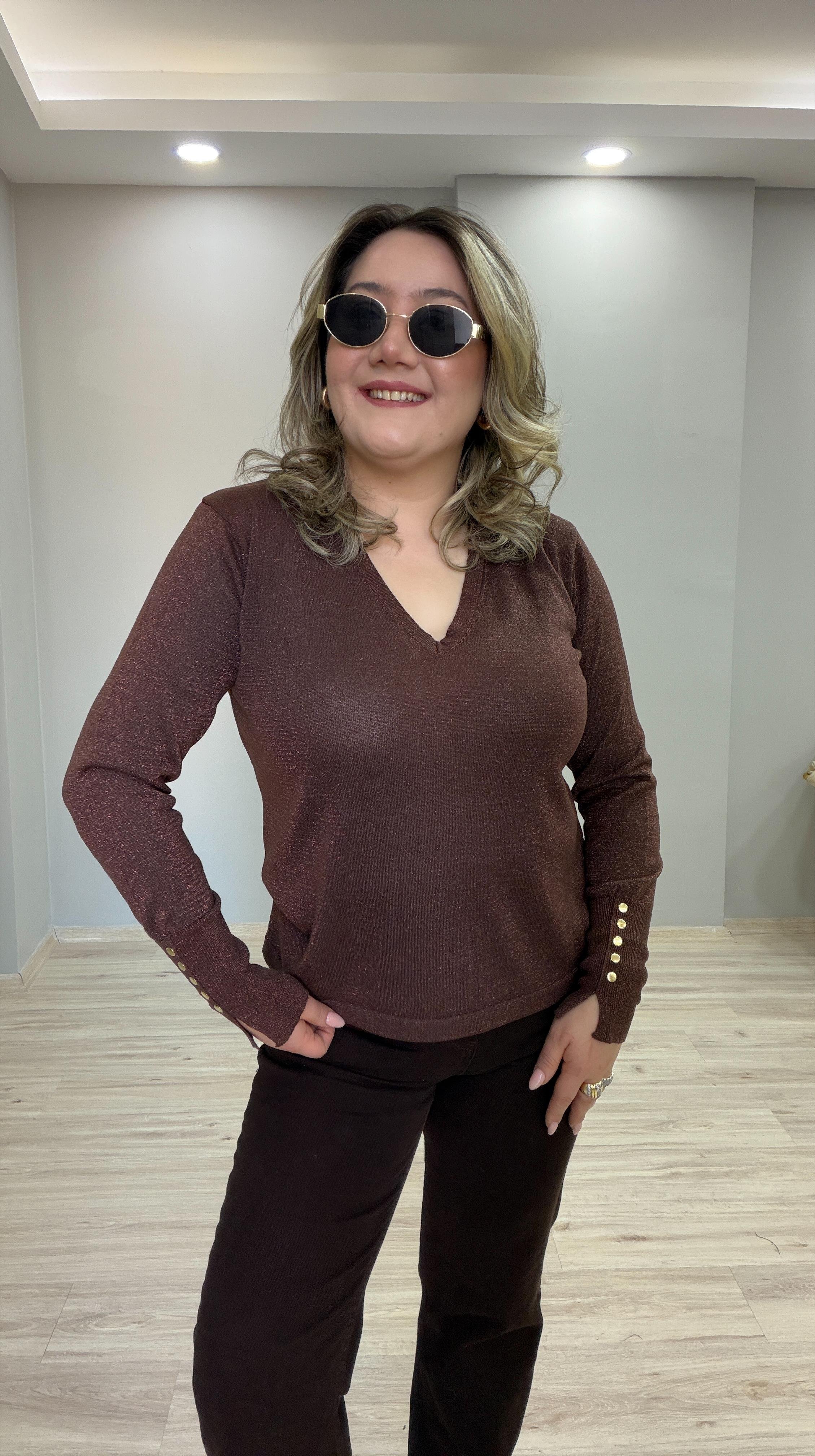 V YAKA KAHVE SİMLİ TRİKO