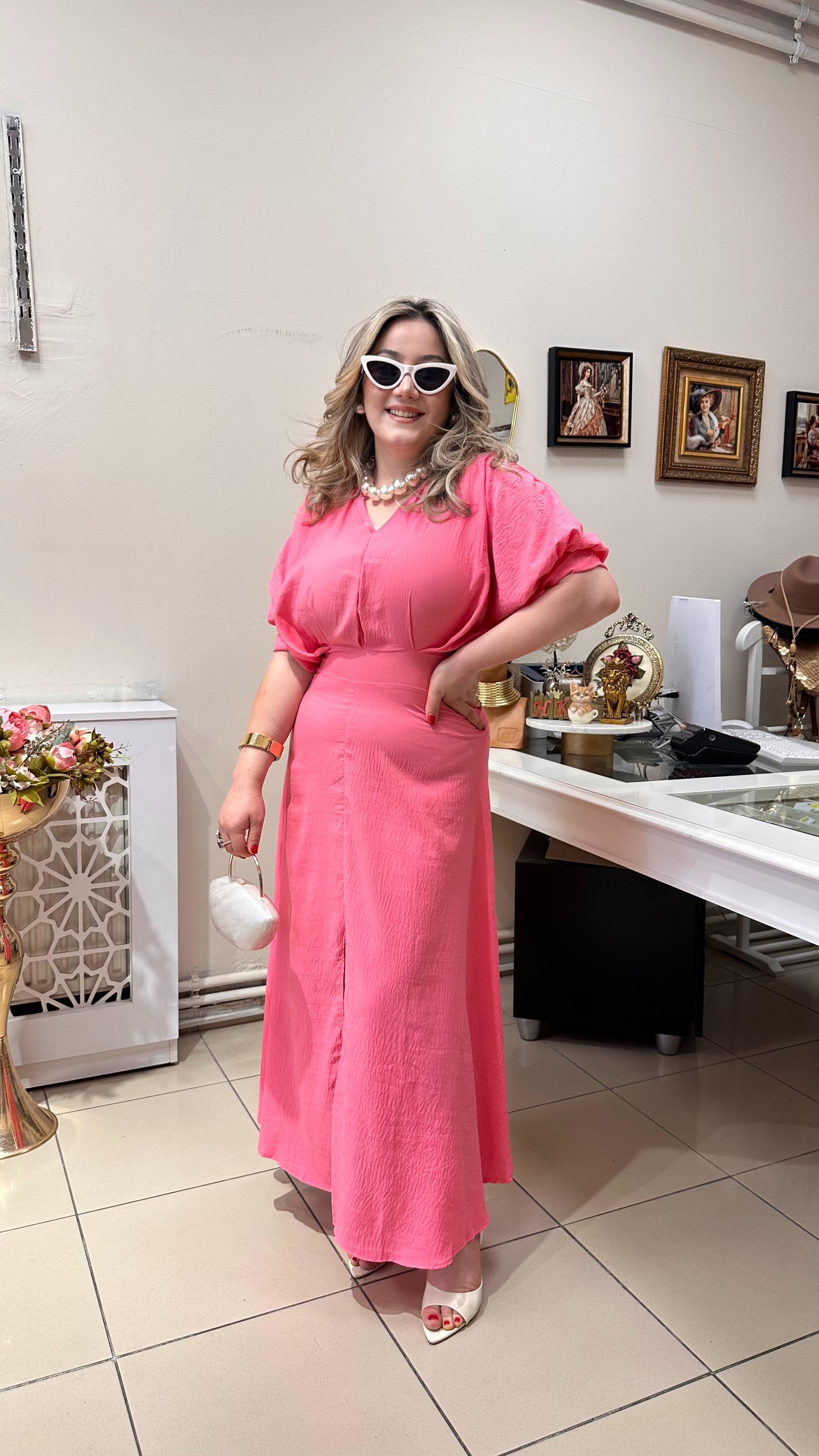 V YAKA KISA KOLLU UZUN ELBİSE PEMBE