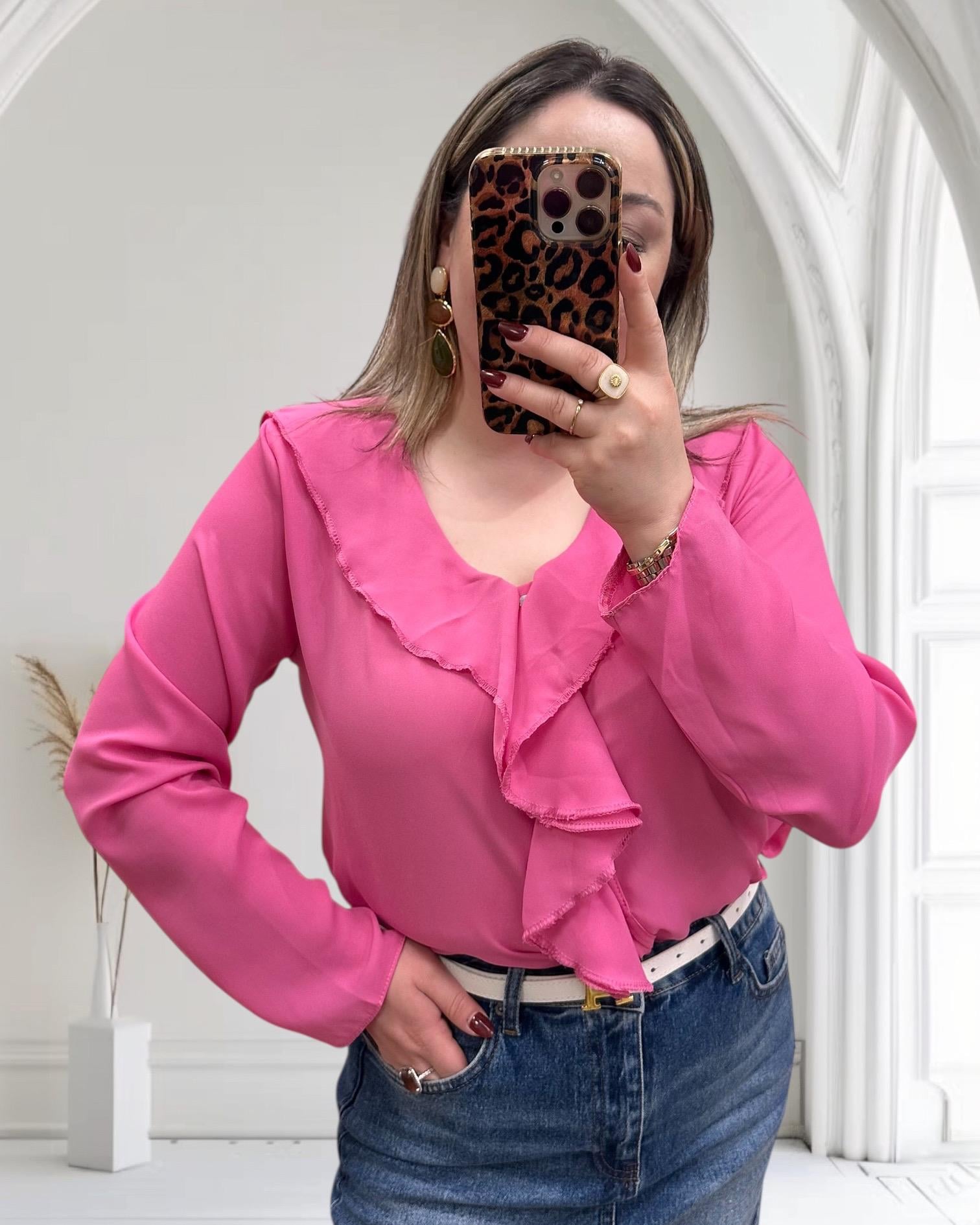 VOLANLI DÜĞMELİ BLUZ PEMBE
