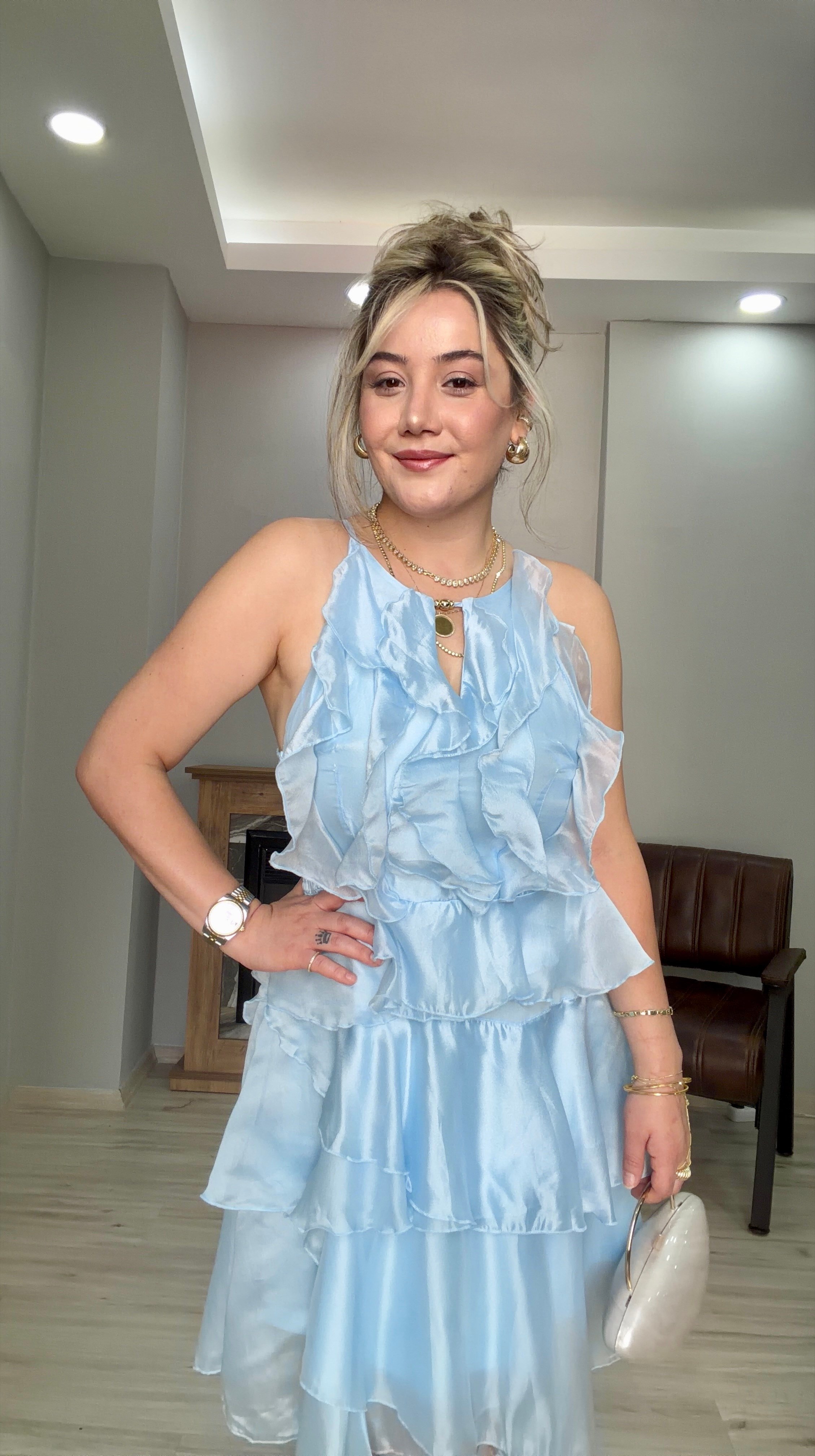 VOLANLI HALTER YAKA TENSEL ELBİSE MAVİ