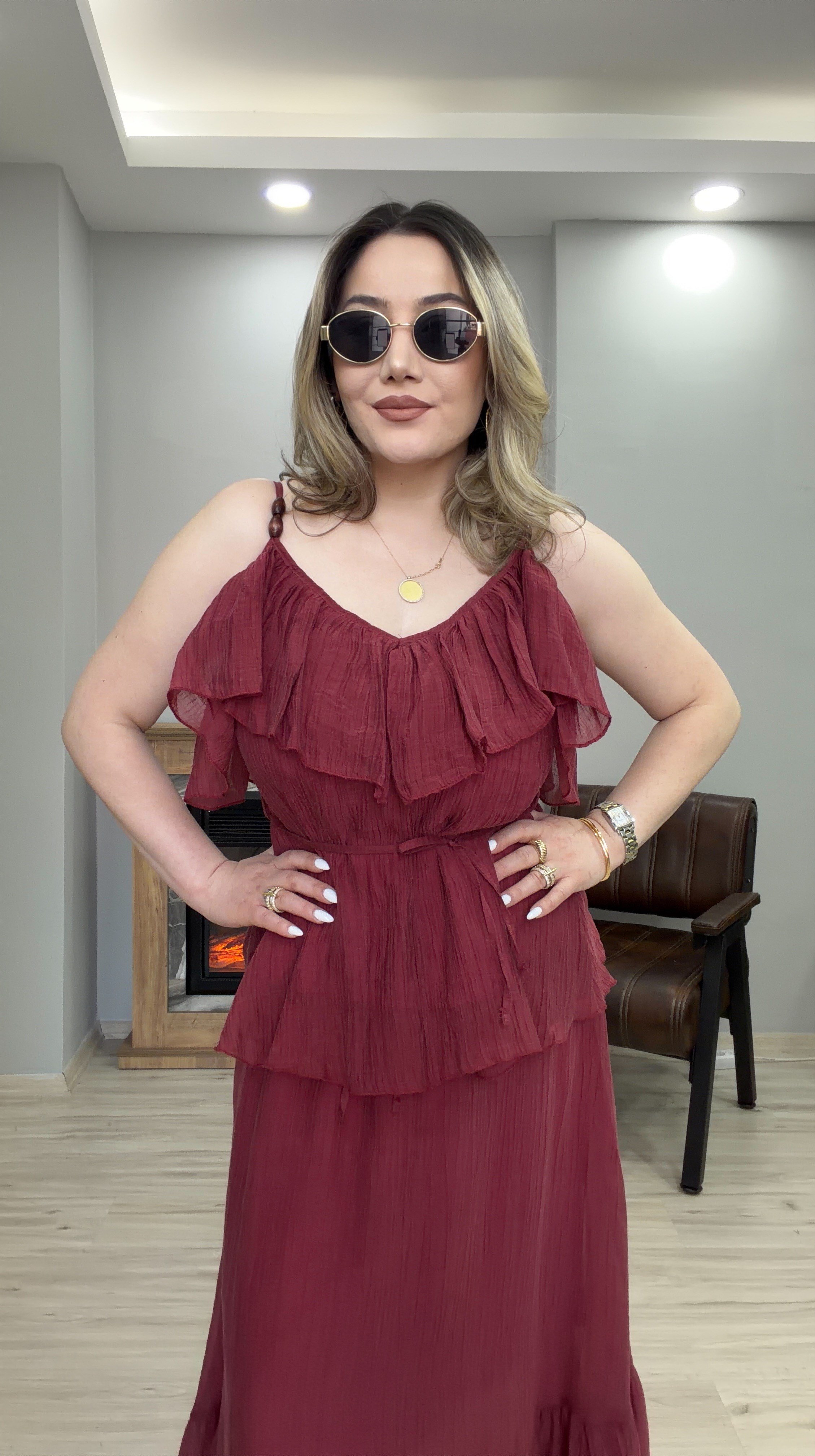 VOLANLI İP ASKILI TENSEL BLUZ BORDO
