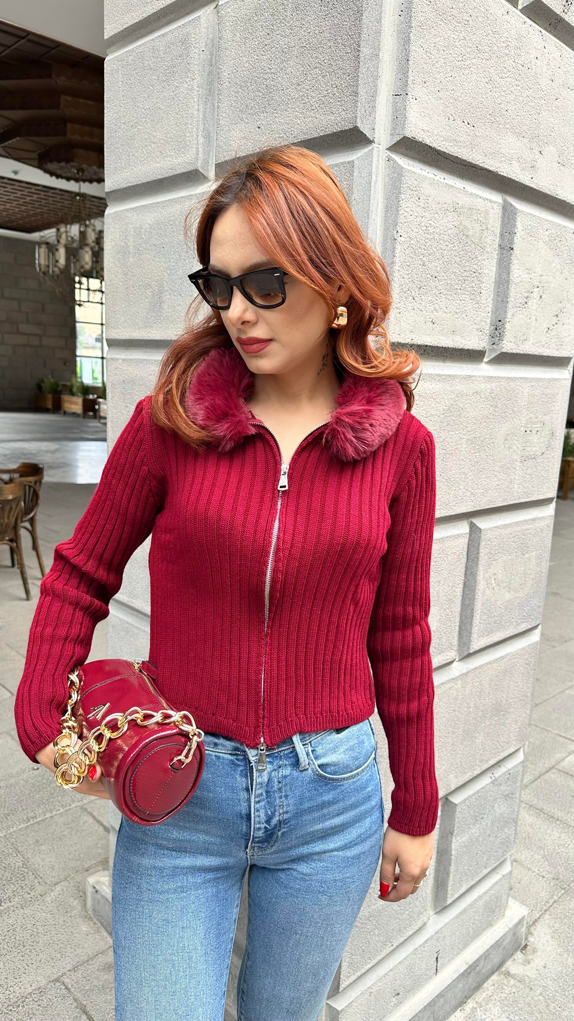 YAKA KÜRKLÜ FERMUARLI HIRKA BORDO