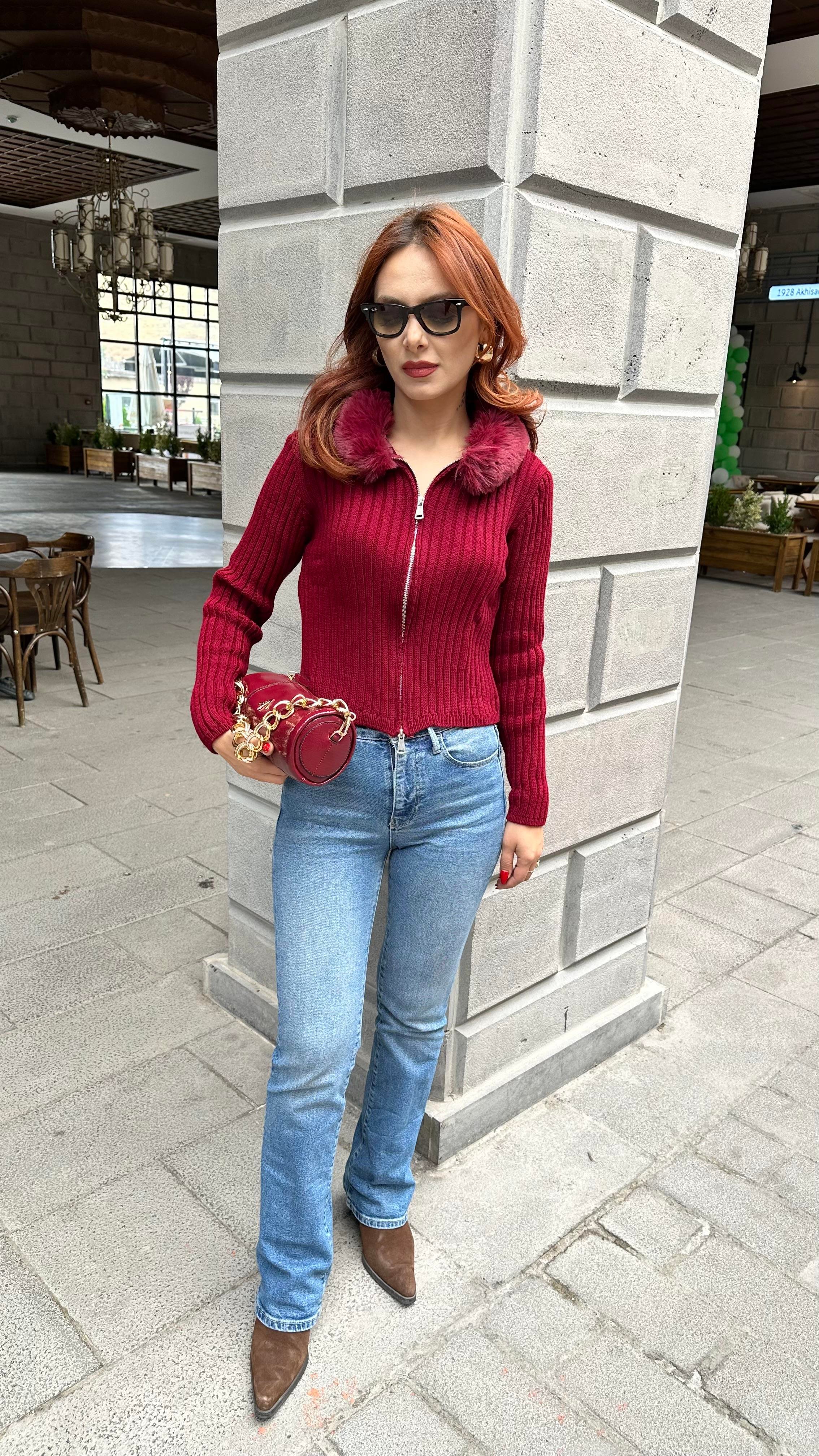 YAKA KÜRKLÜ FERMUARLI HIRKA BORDO