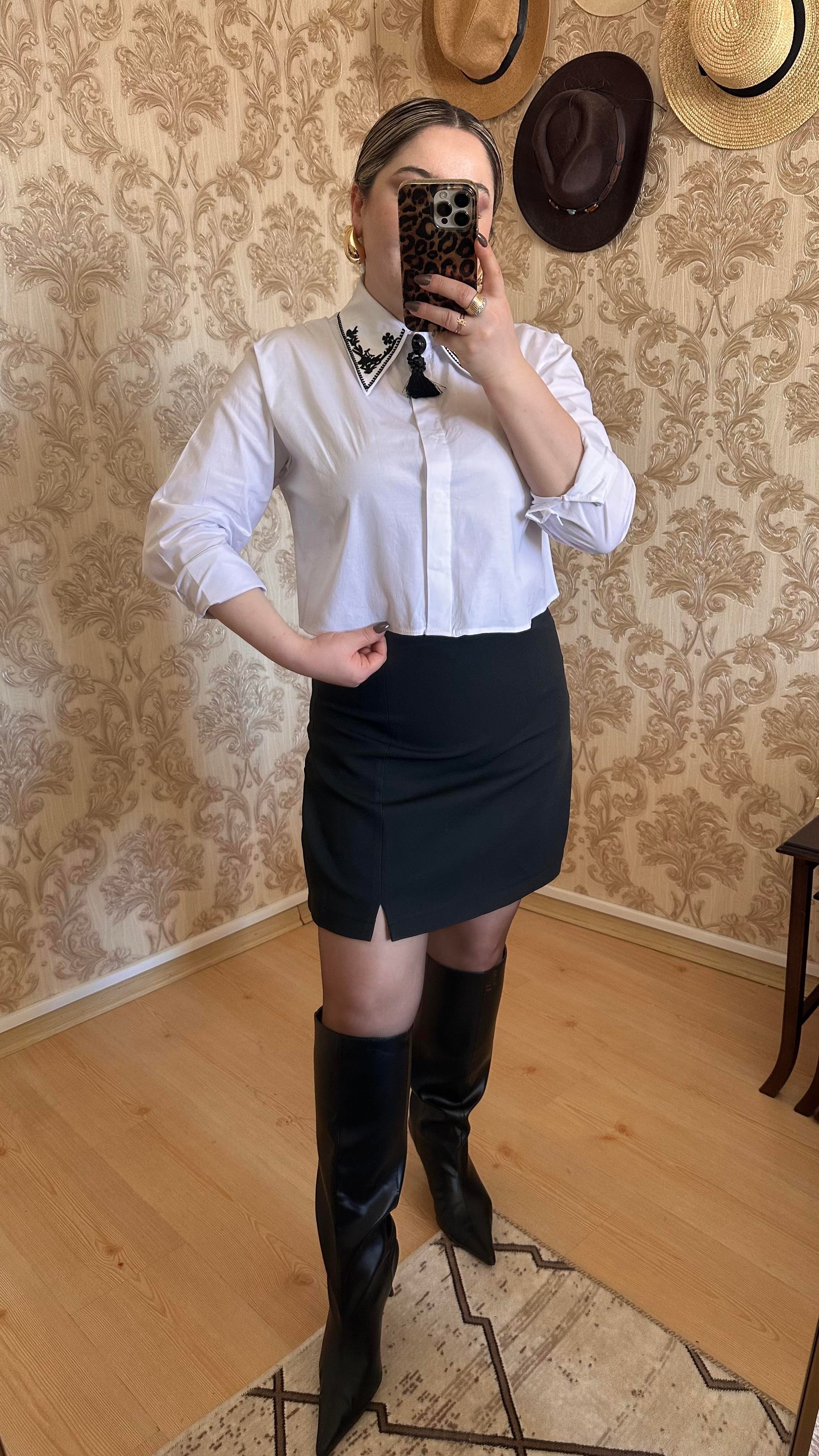 YAKA NAKIŞLI CROP GÖMLEK BEYAZ