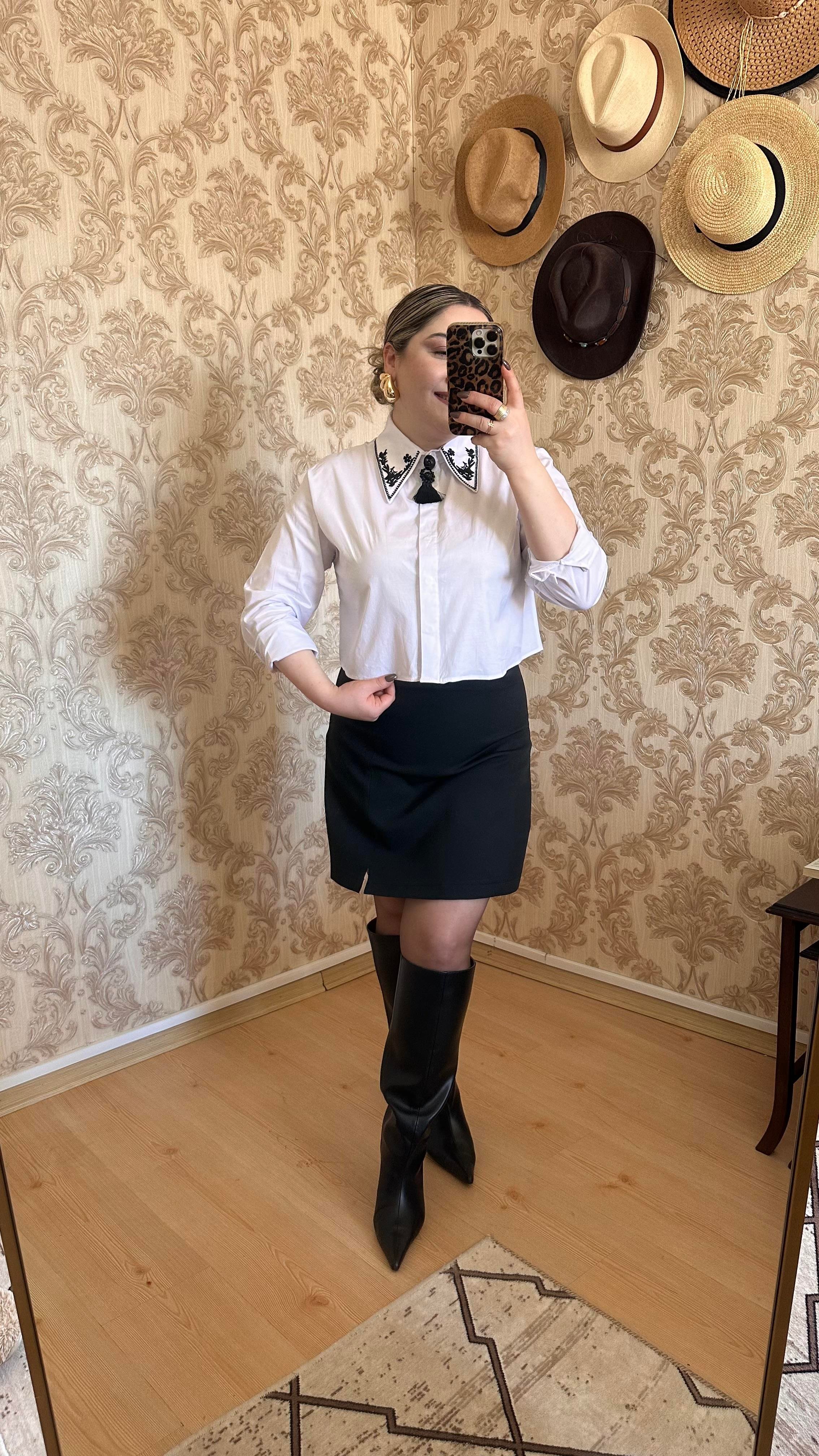 YAKA NAKIŞLI CROP GÖMLEK BEYAZ