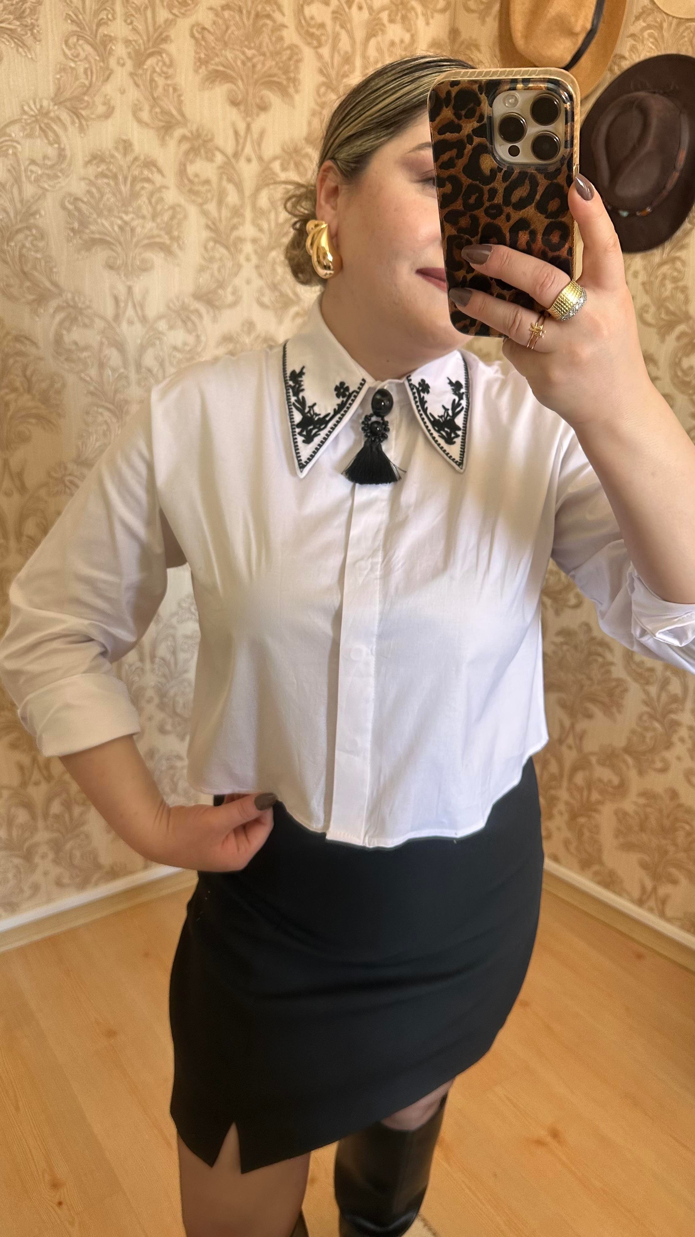 YAKA NAKIŞLI CROP GÖMLEK BEYAZ