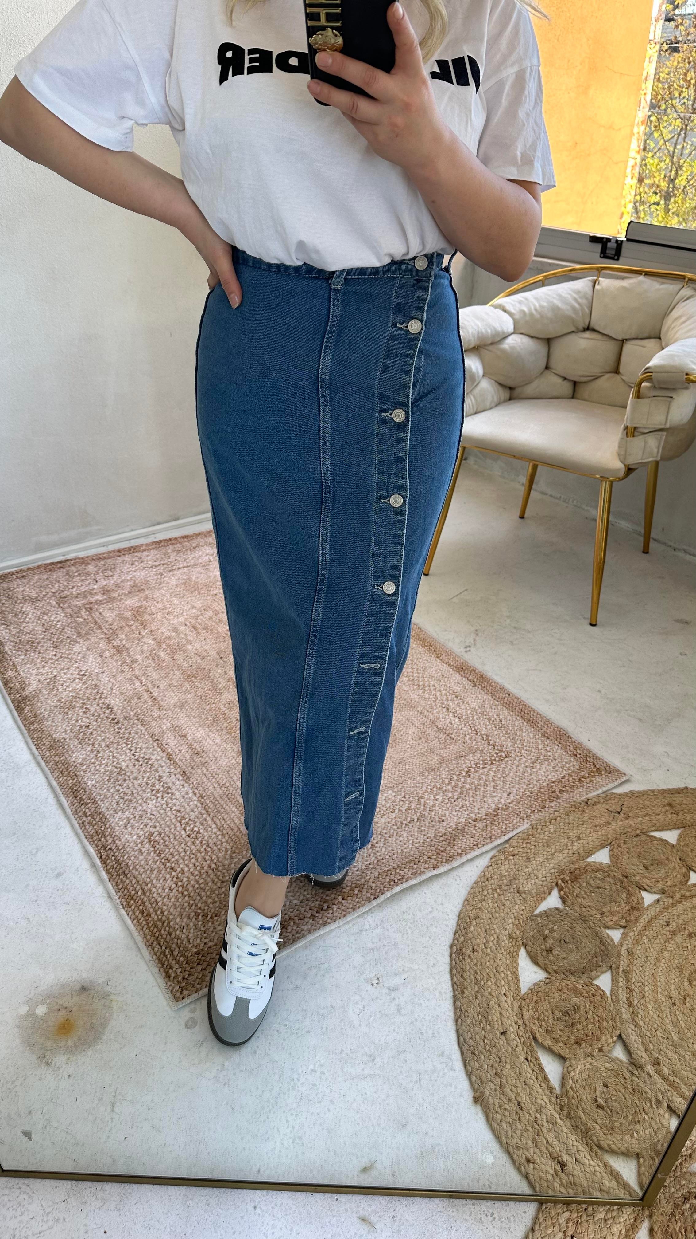 Yandan düğmeli jean etek