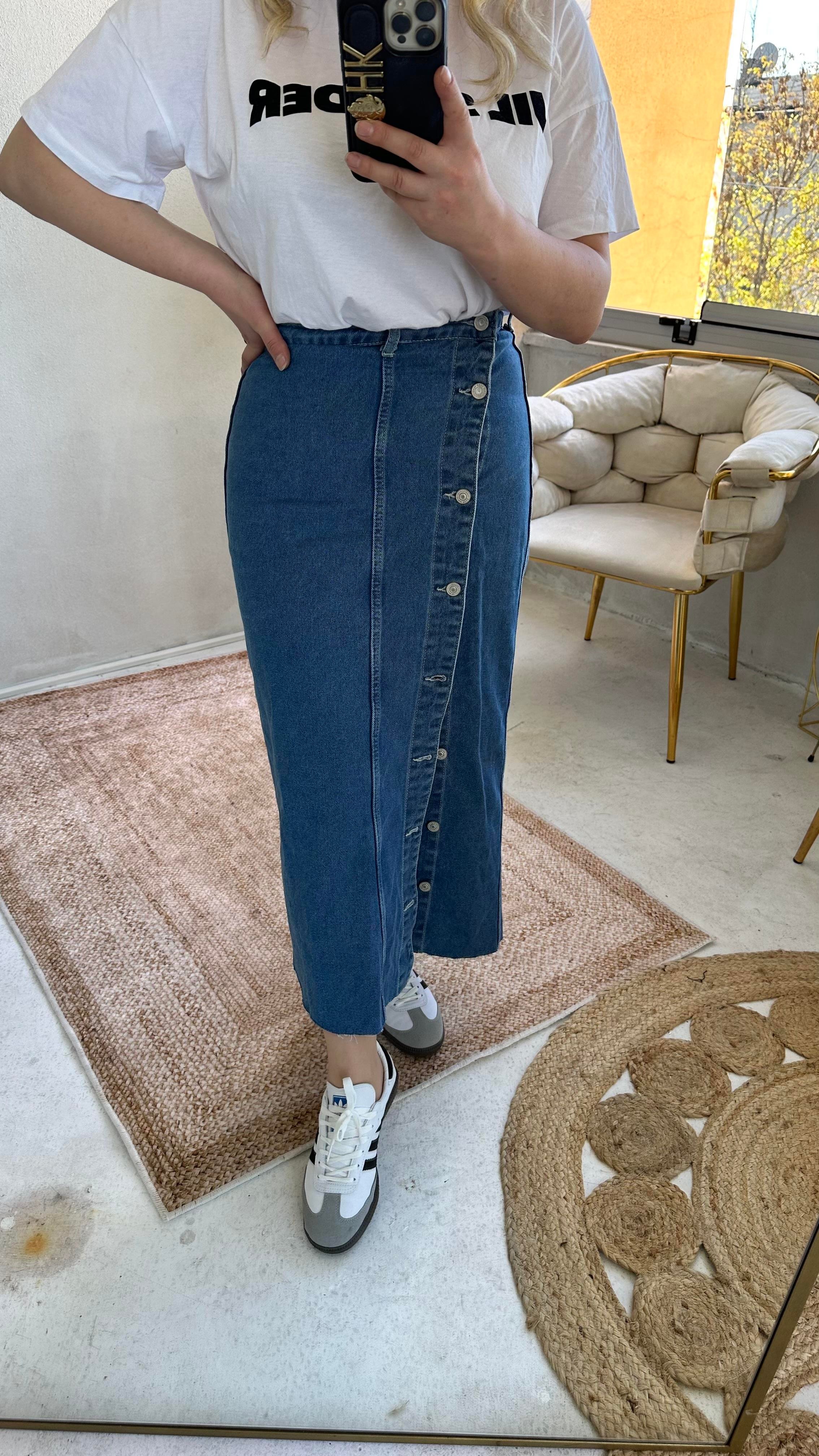 Yandan düğmeli jean etek