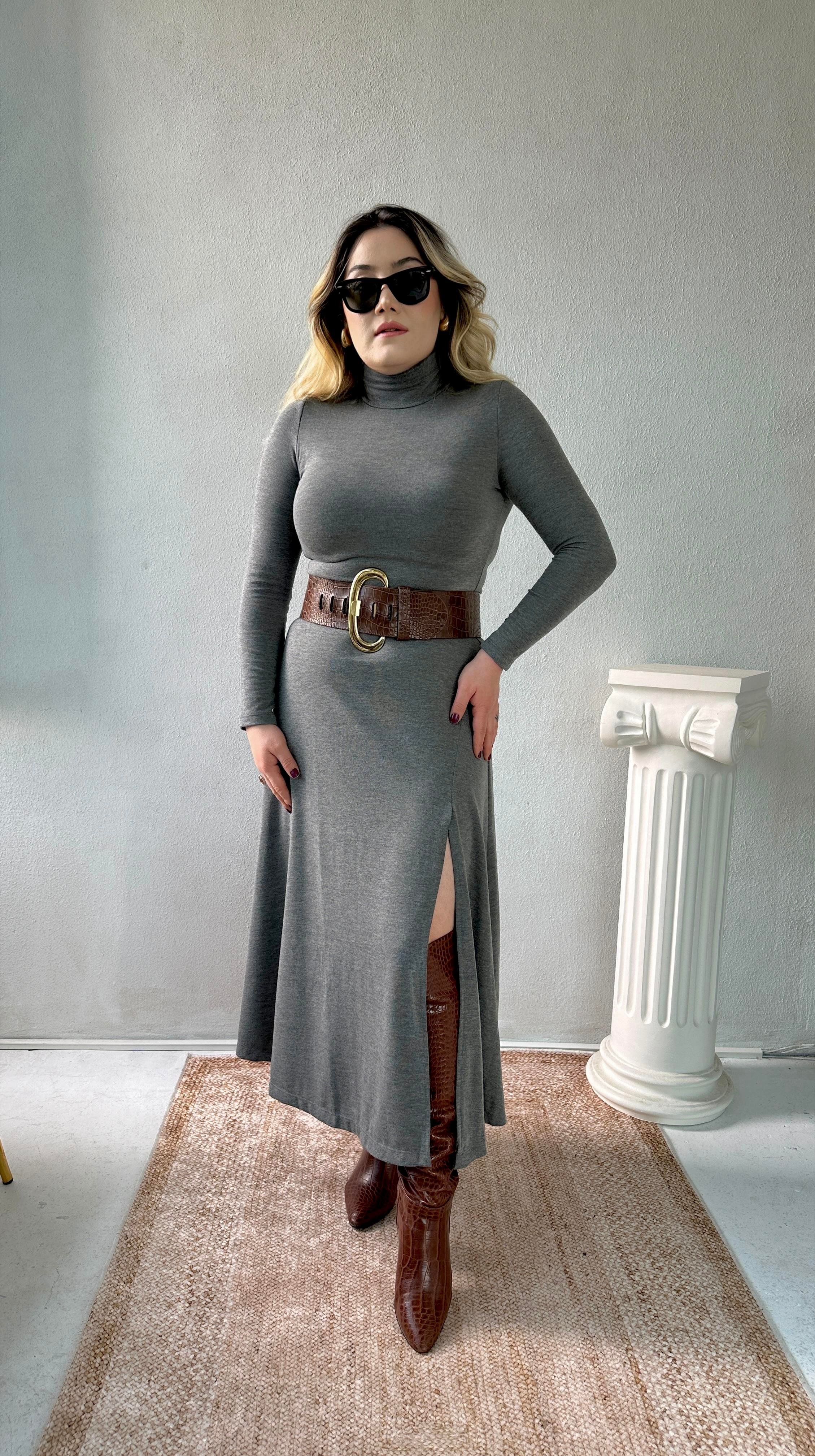 yandan yırtmaçlı midi triko elbise gri