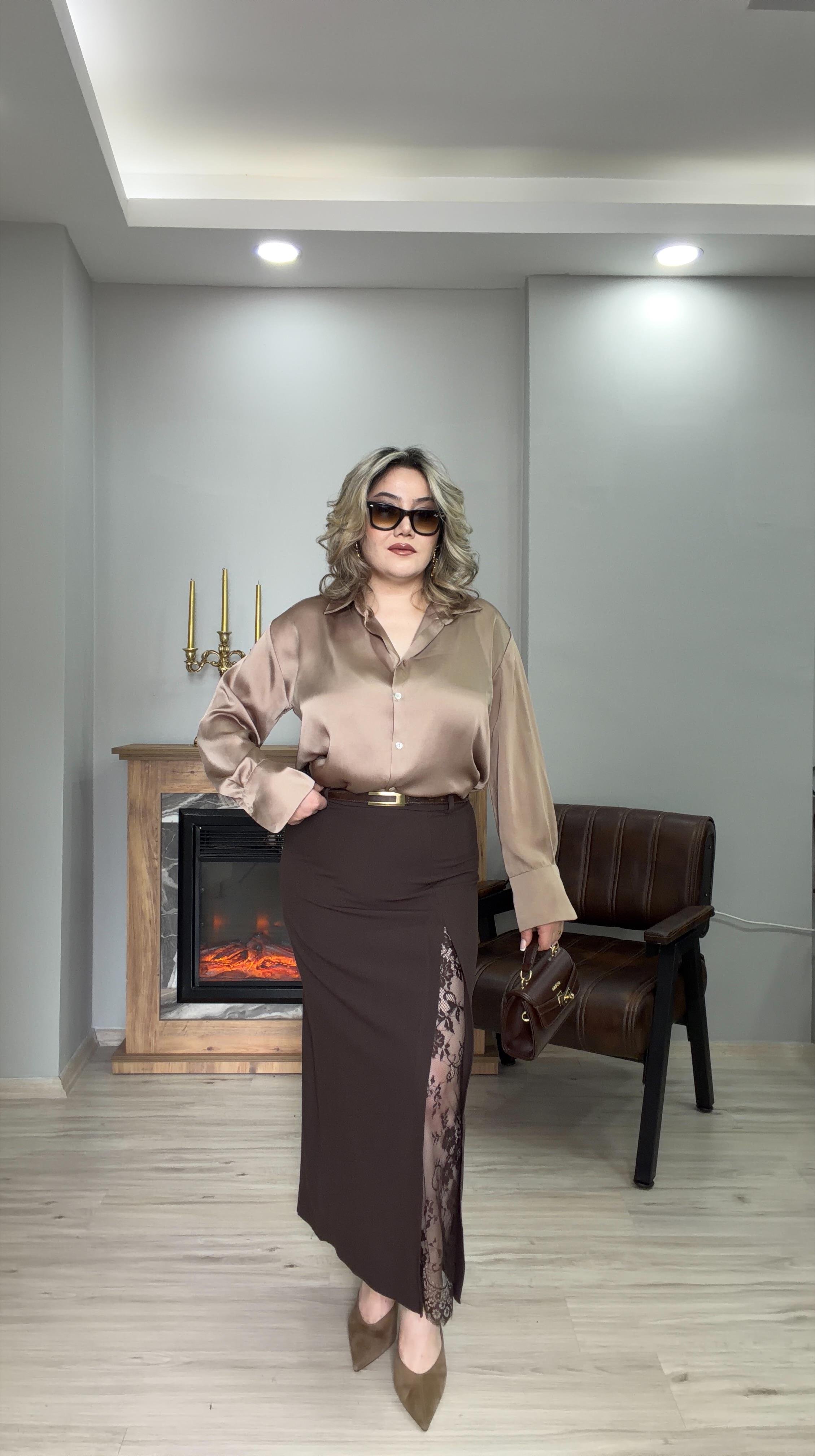YIRTMAÇLI DANTEL DETAYLI ETEK KAHVE