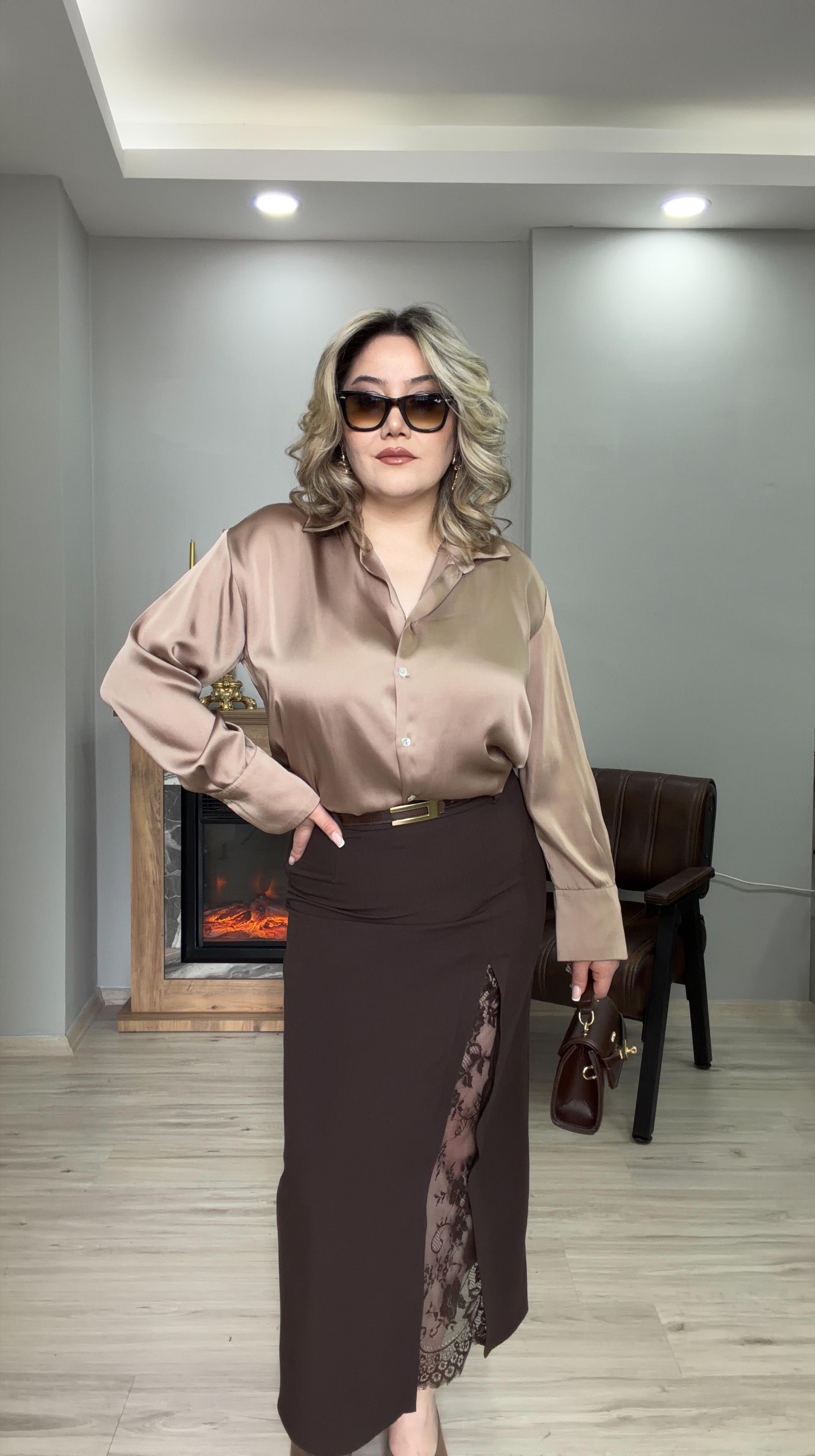YIRTMAÇLI DANTEL DETAYLI ETEK KAHVE