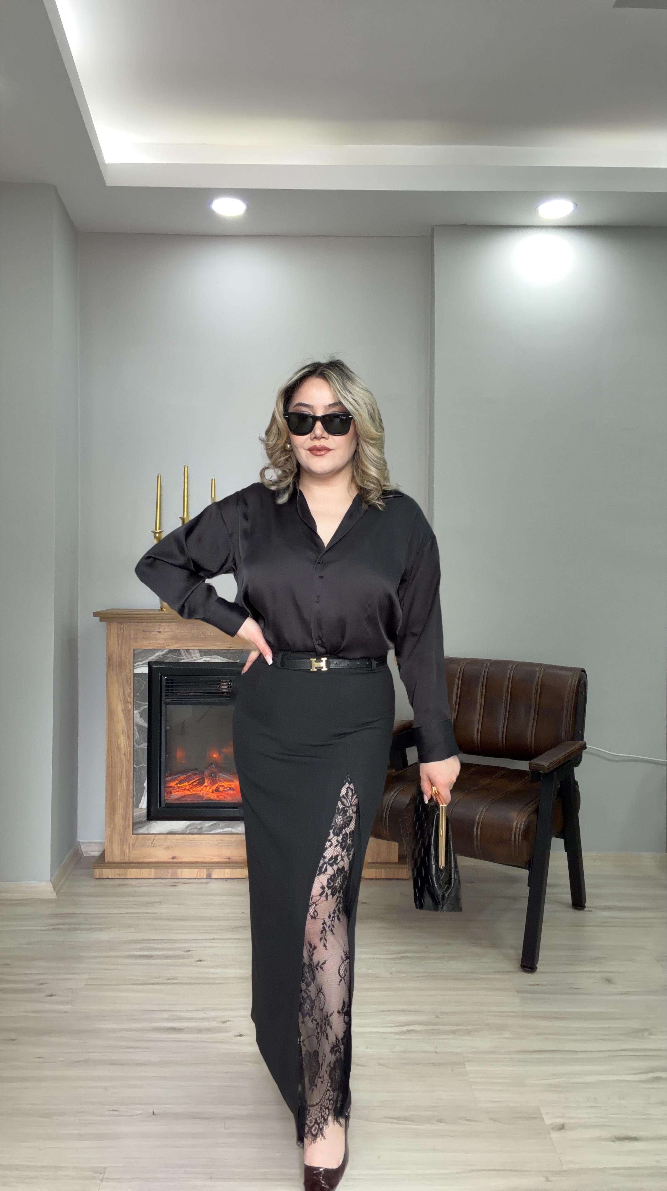 YIRTMAÇLI DANTEL DETAYLI ETEK SİYAH