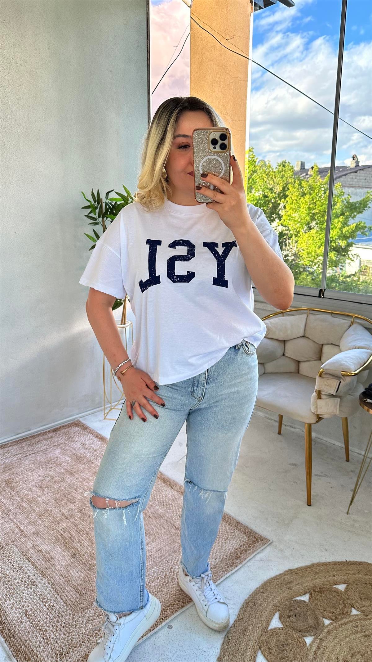 YSL Baskılı Beyaz Tişört