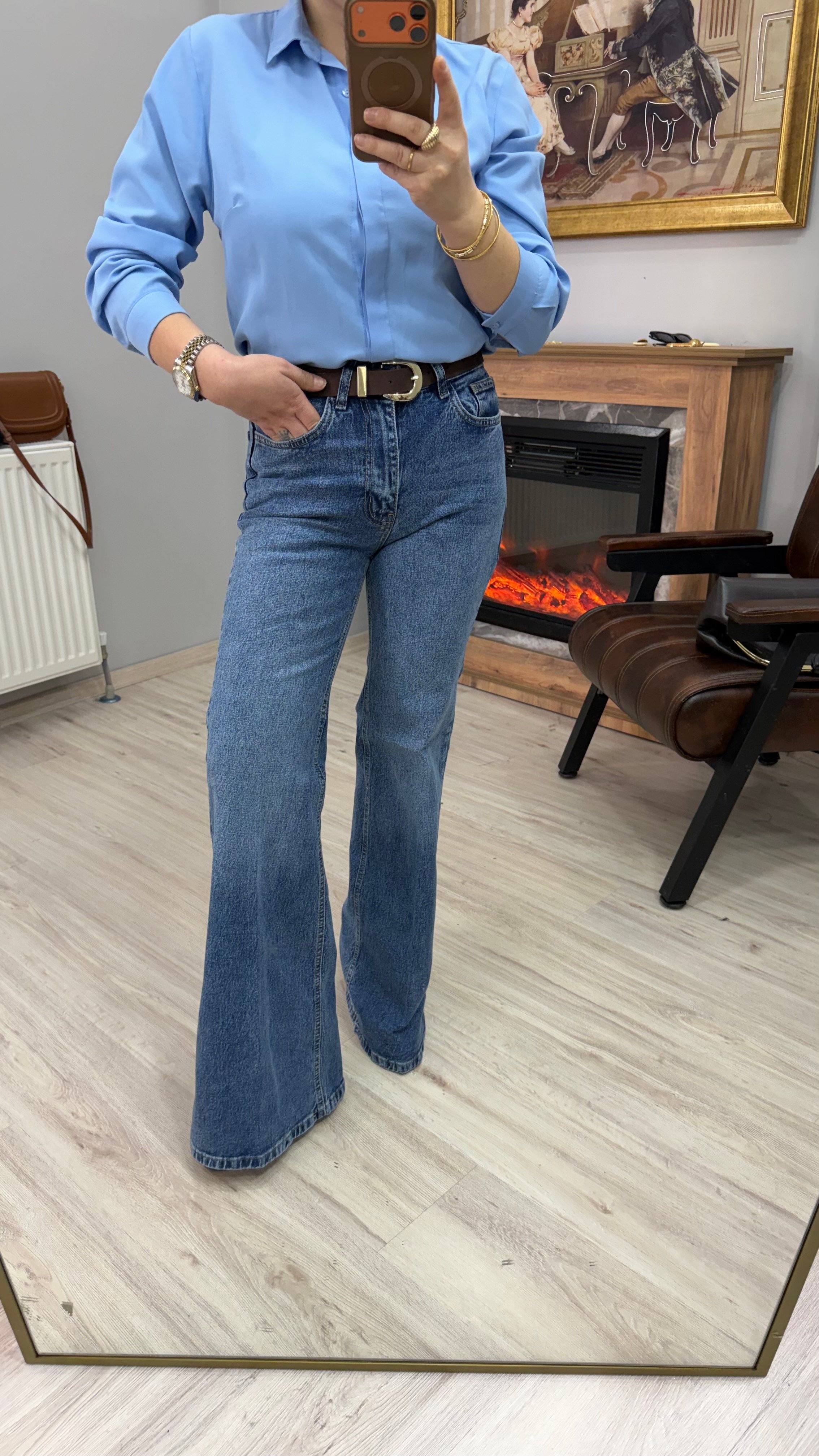 YÜKSEK BEL KEMERLİ İSPANYOL JEAN MAVİ