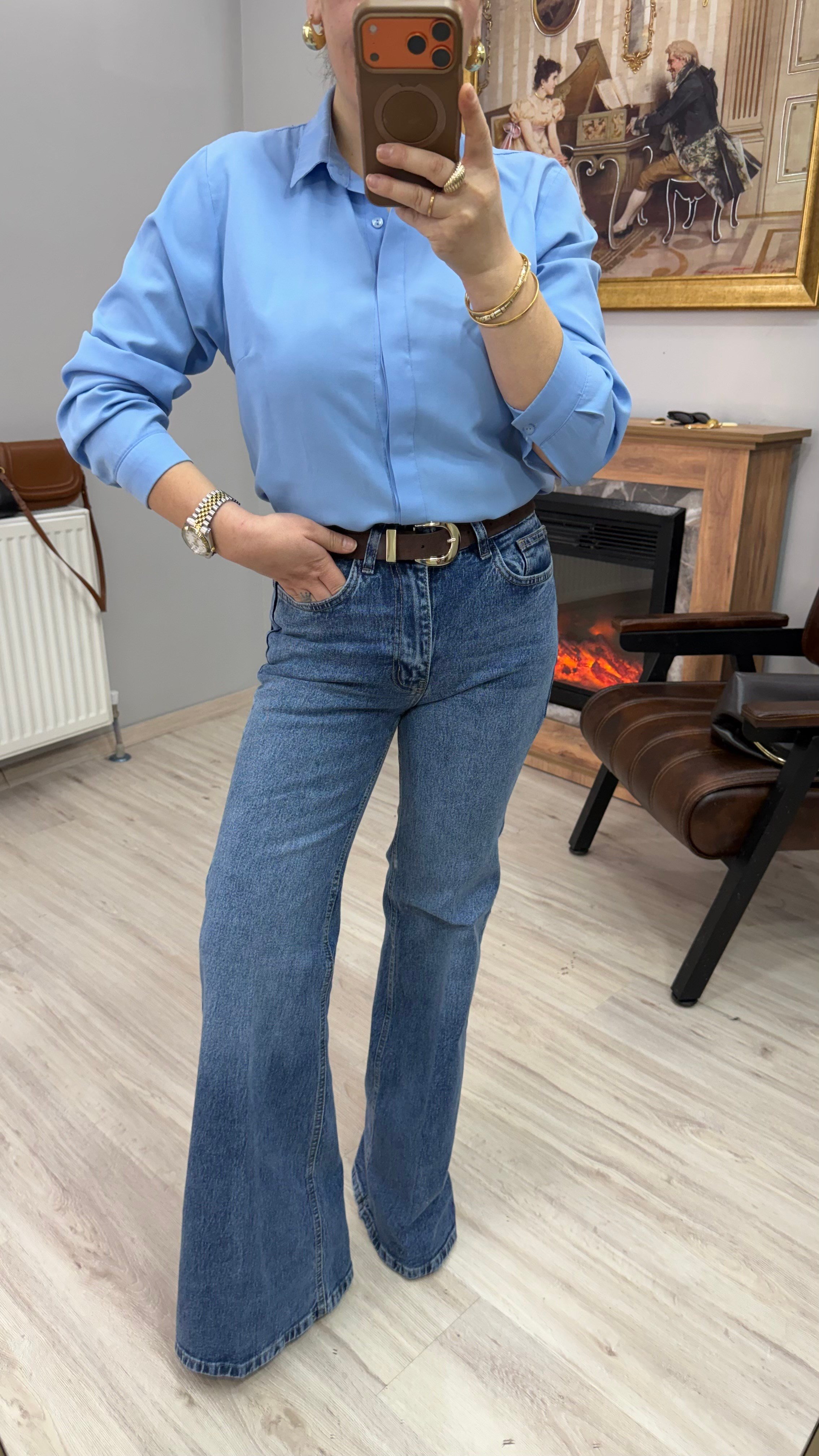YÜKSEK BEL KEMERLİ İSPANYOL JEAN MAVİ