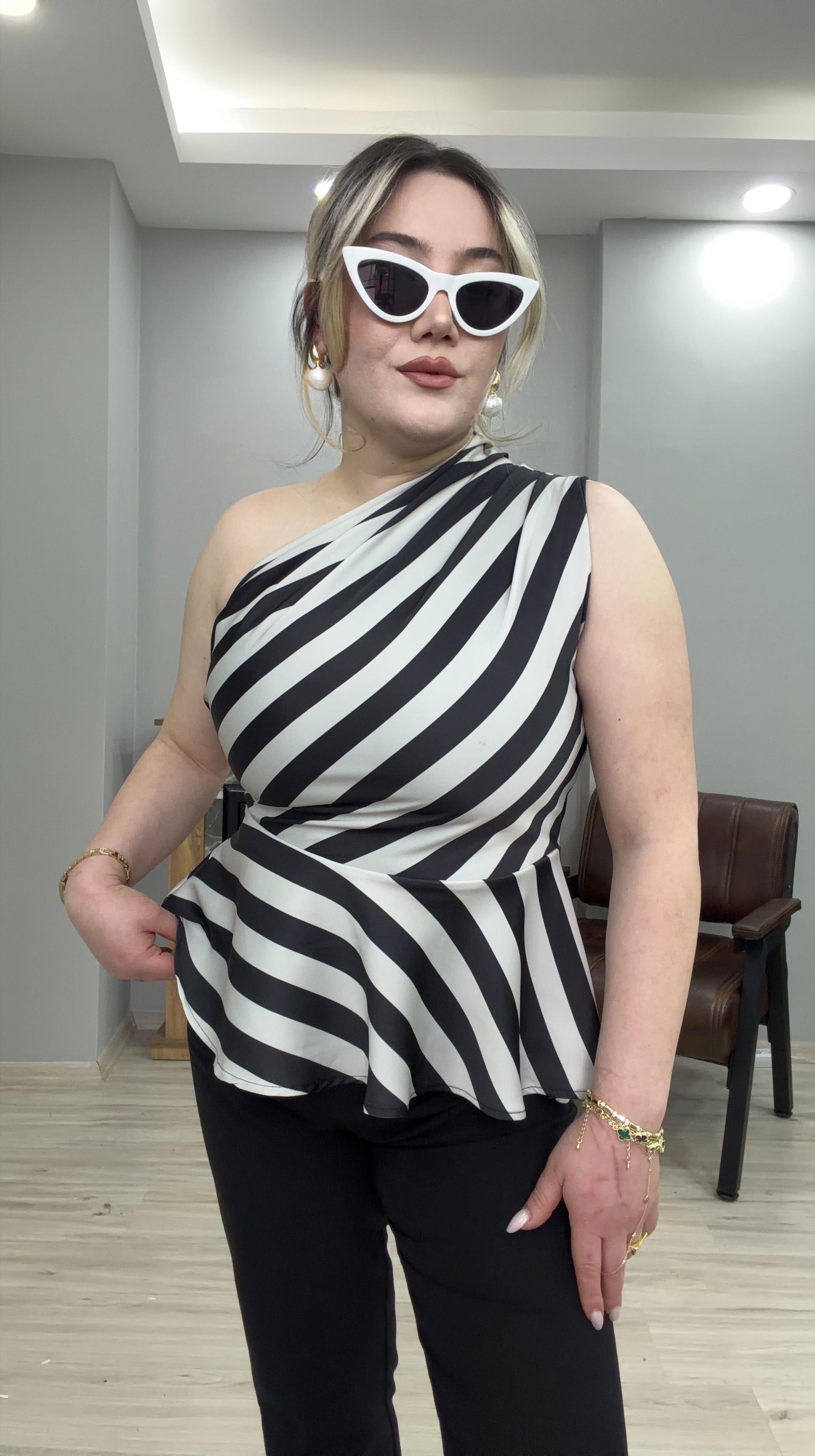 ZEBRA DESEN TEK OMUZ SATEN BLUZ 